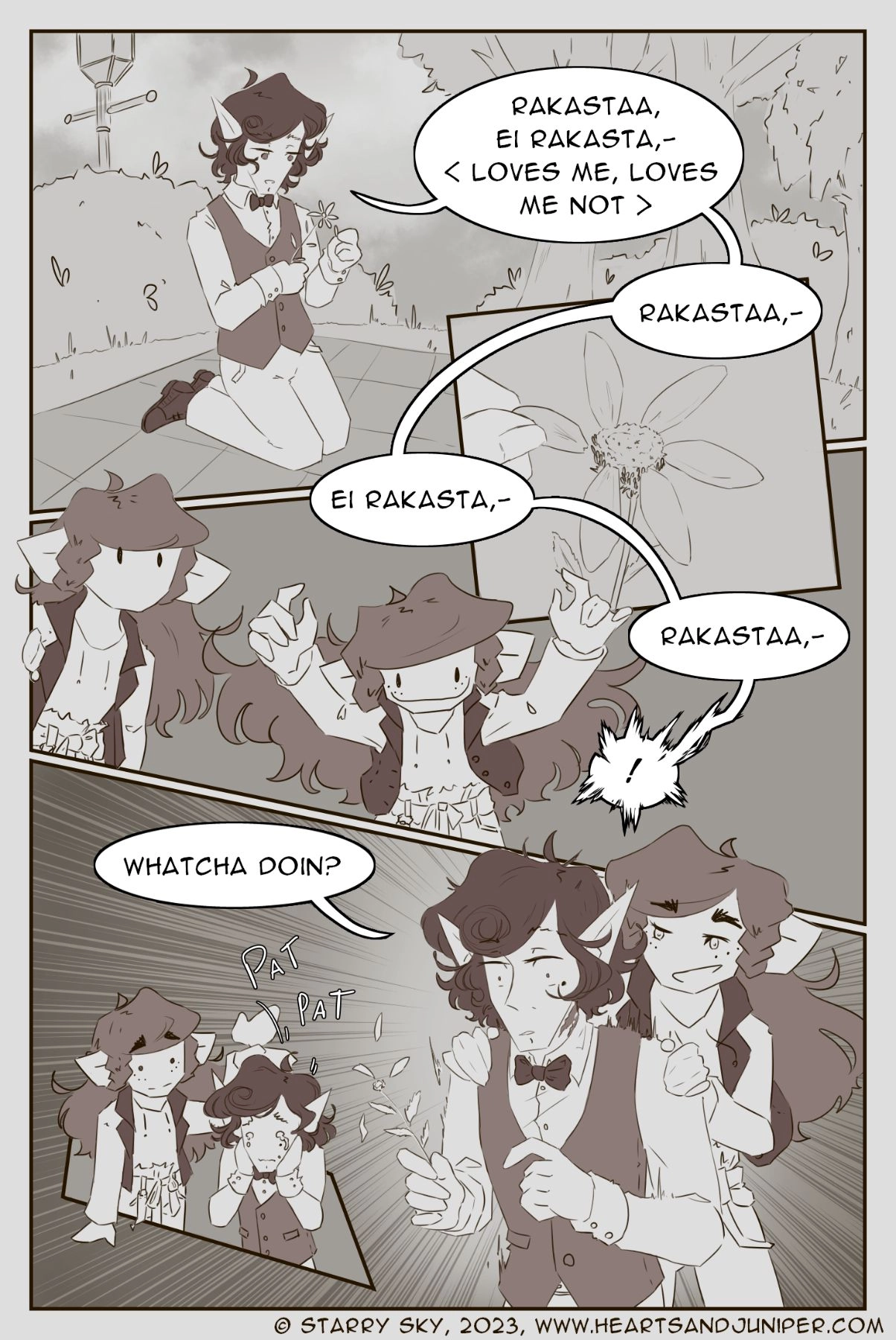 [Chapter 5 Extra 4 - page: unpublished (as of yet)]

*pets Sebastian and Lumi <3*

Character fun fact: Both Lumi and Sebastian speak Finnish as their mother tongue. However only one of them... can spell their own name in the right inflection form... English is easy in that regard. Just add an extra 's at the end when indicating ownership. 