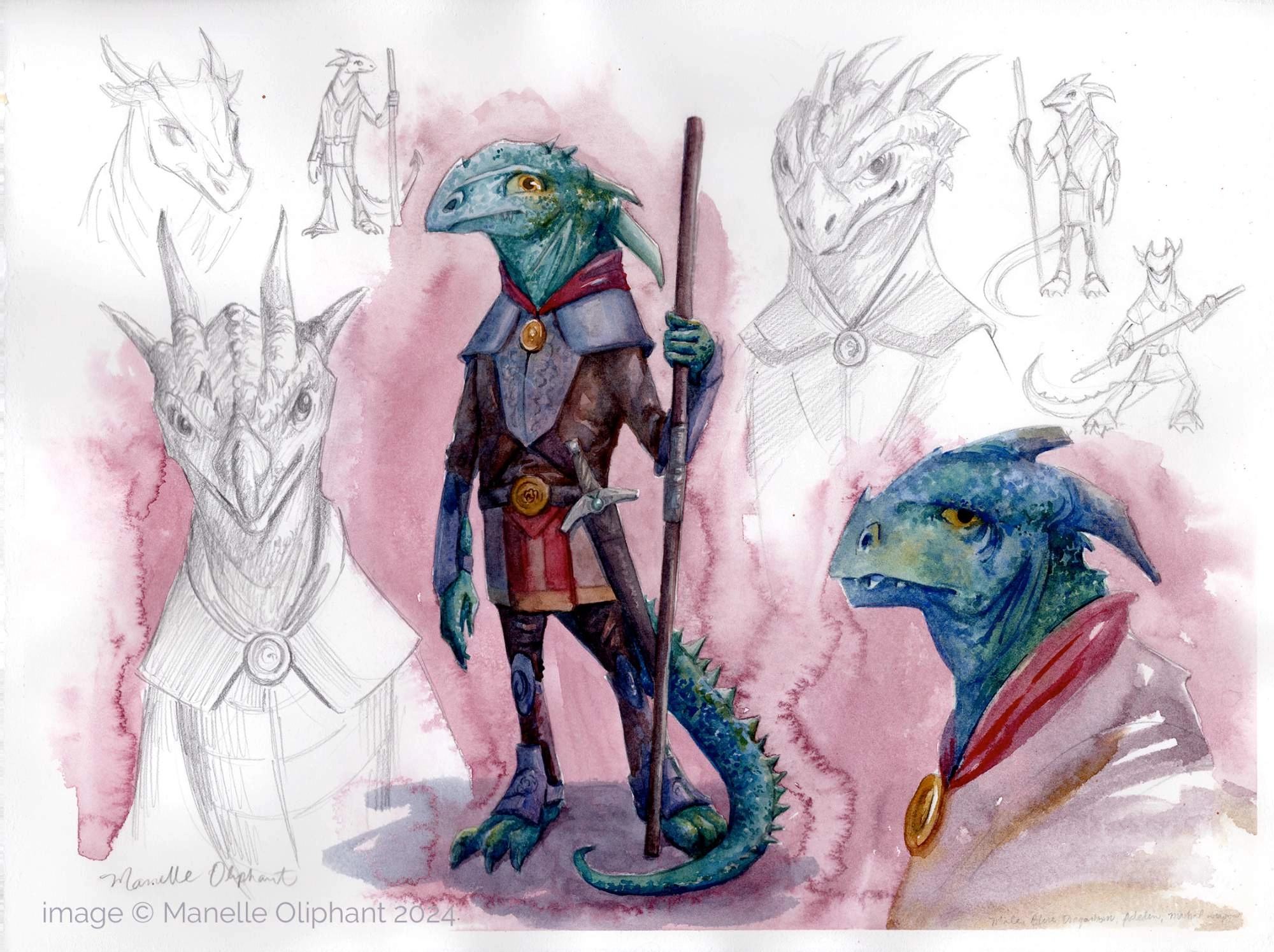 Bluegreen dragonborn paladin with some martial arts training. 
Custom character commission paintings are now open. Commissions show your character in multiple poses, and this sketchbook-style art. They are painted with watercolor on paper, and the original artwork is shipped to you. 
This isn't just a character commission. It's a quality, analog painting by a professional artist that you can keep for many years. 