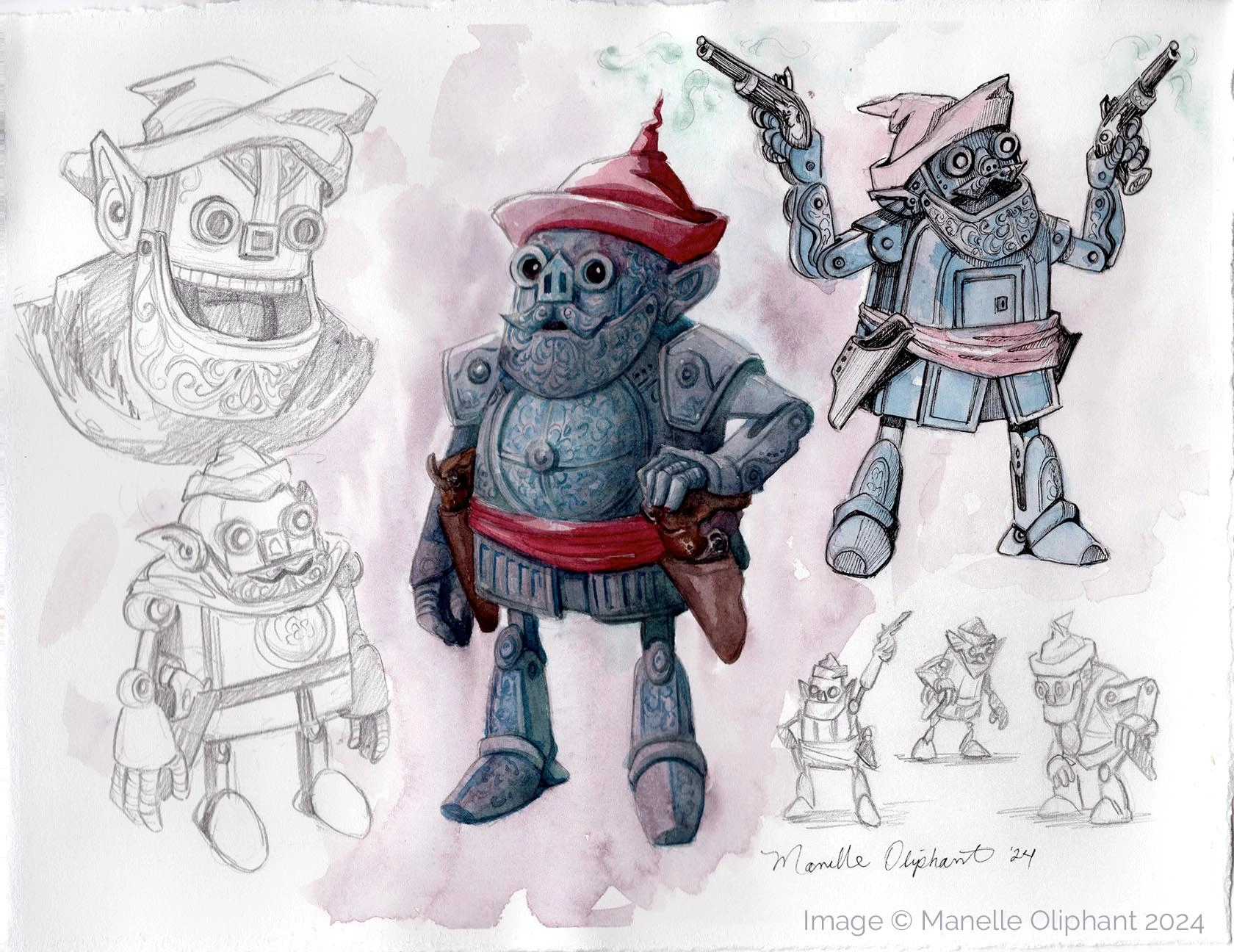 Autognome with pistols. 
Custom character commission paintings are now open. Commissions show your character in multiple poses in this is sketchbook-style painting. They are painted with watercolor on paper, and the original artwork is shipped to you.
This isn't just a character commission. It's a quality, analog painting by a professional artist that you can keep for many years.