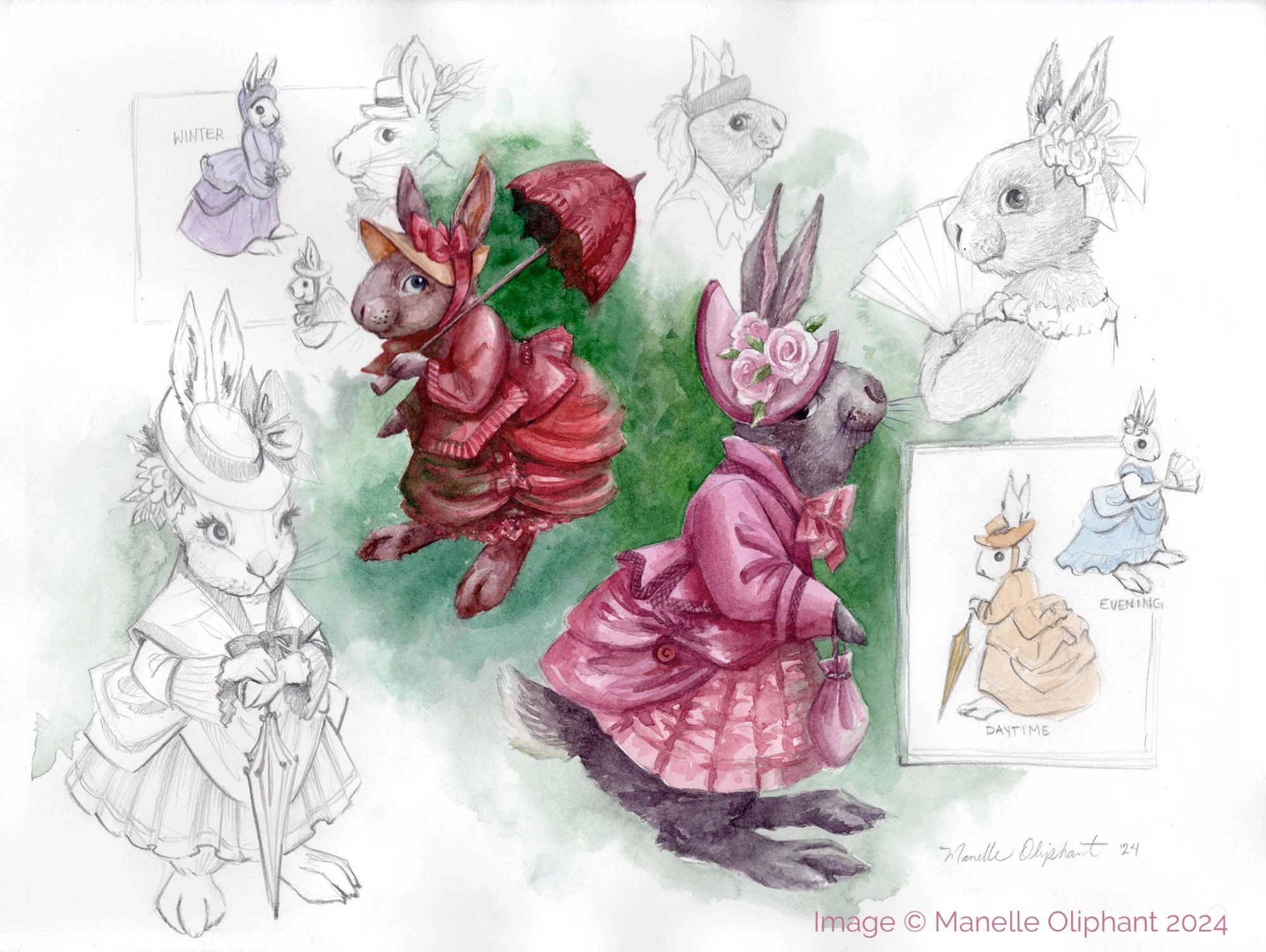 Bunny Original Character
Custom character commission paintings are now open. Commissions show your character in multiple poses in this is sketchbook-style painting. They are painted with watercolor on paper, and the original artwork is shipped to you.
This isn't just a character commission. It's a quality, analog painting by a professional artist that you can keep for many years.