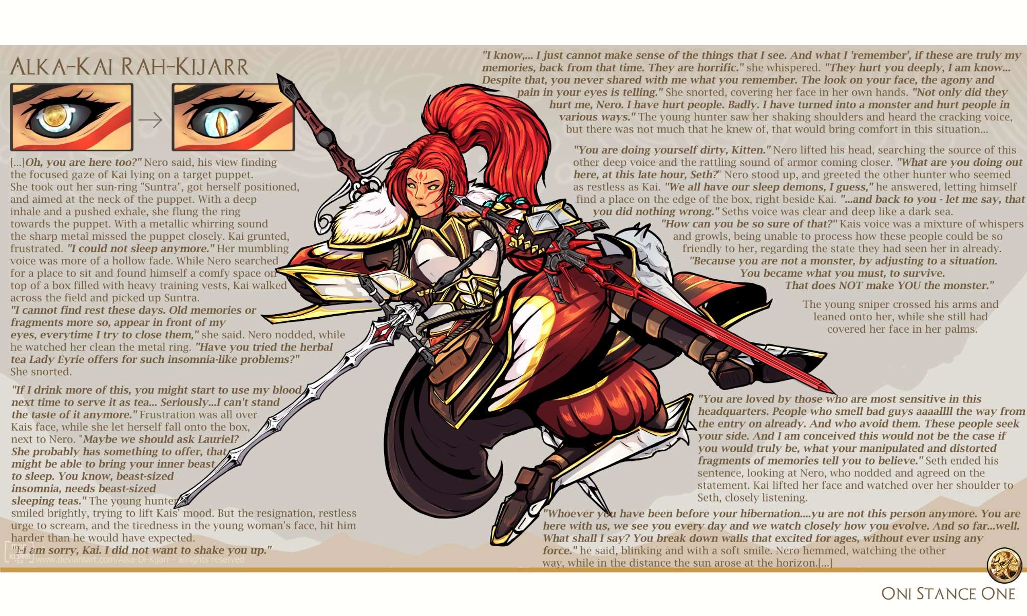 [Classification: Reference Sheet + Design Commission] [3/7]

Kais first Oni stance, which gets activated when she engages in dangerour situations. It has a connection to her fight-flight-freeze response, either triggered by fight, or by a freeze before it becomes too overwhelming. You can imagine it as a break through.  In this form she is all human~

