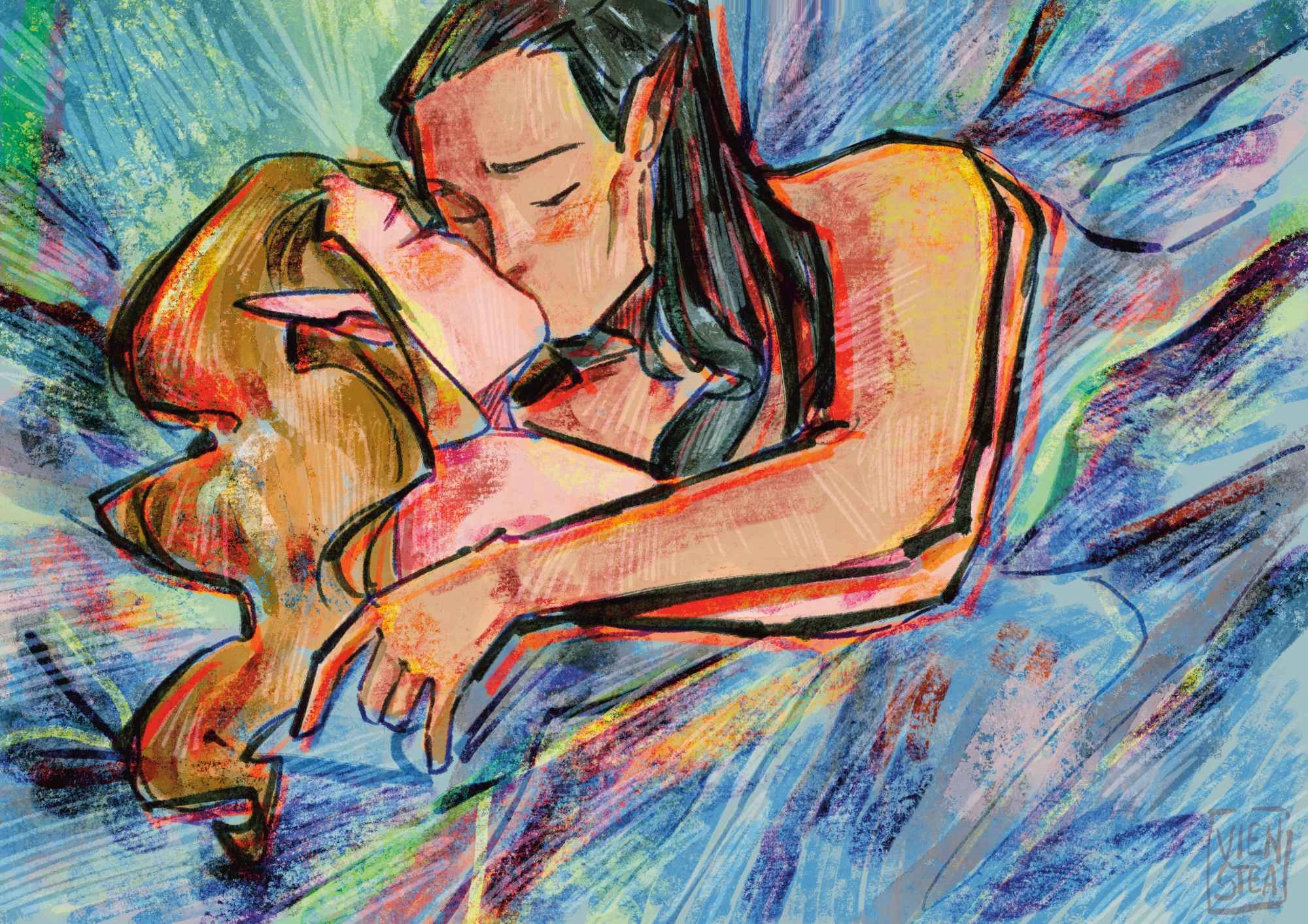 "Dans le Lit, le Baiser" — inspired by Toulouse-Lautrec's painting I've wanted to recreate in my style with my current obsession 🐦‍⬛🌿
