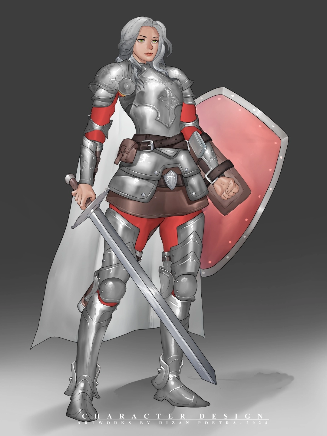 Beautiful woman with White Hair full armor with sword and shield