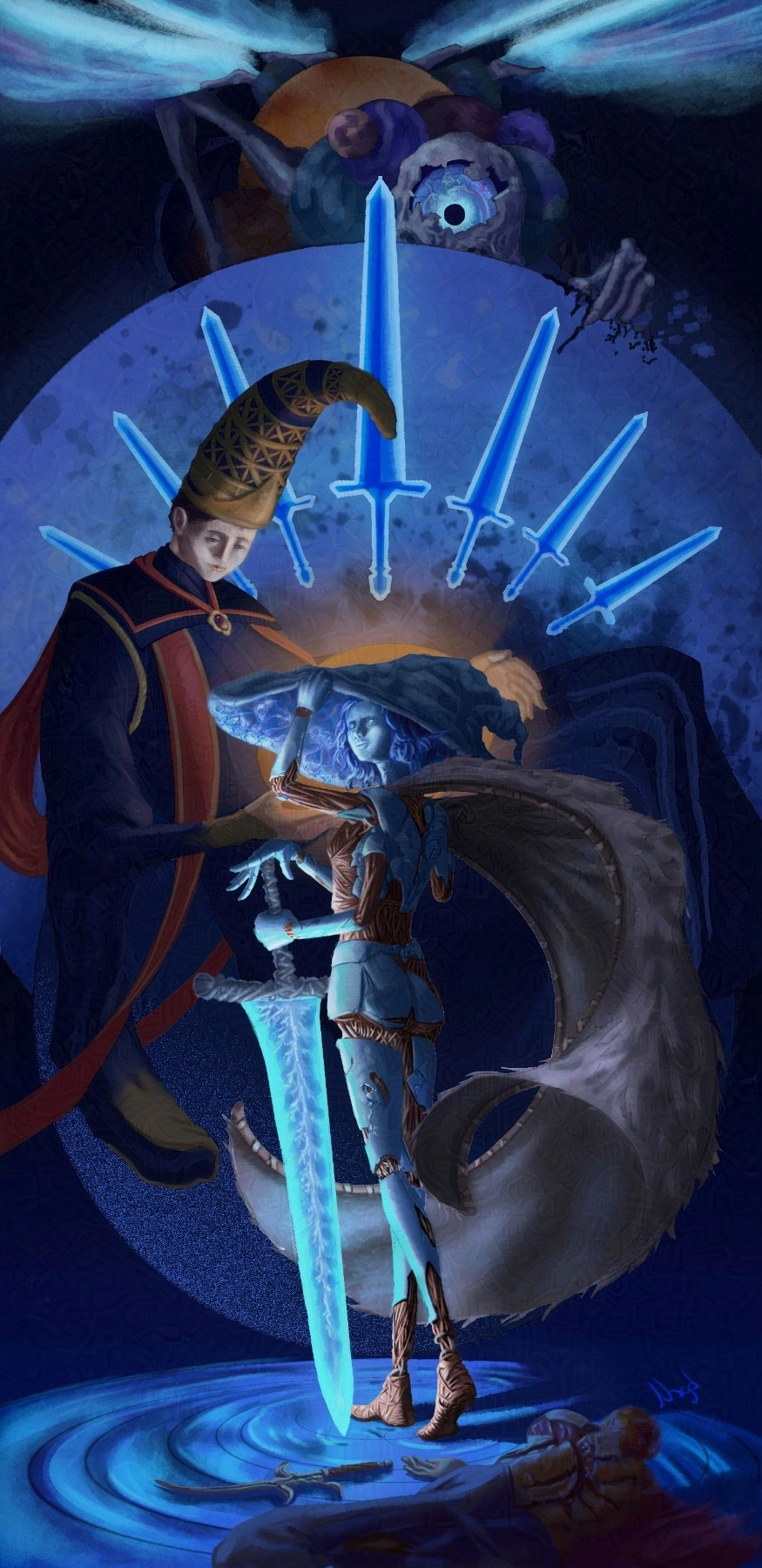 Fan Art: Elden Ring, Carian Legacy

 Ranni, Rennala and consequences.

Yeah, I went for the blue princess ending, who would've guessed. 
There were supposed to be in also the two swords of the aunt, but compositions was locked-in. 