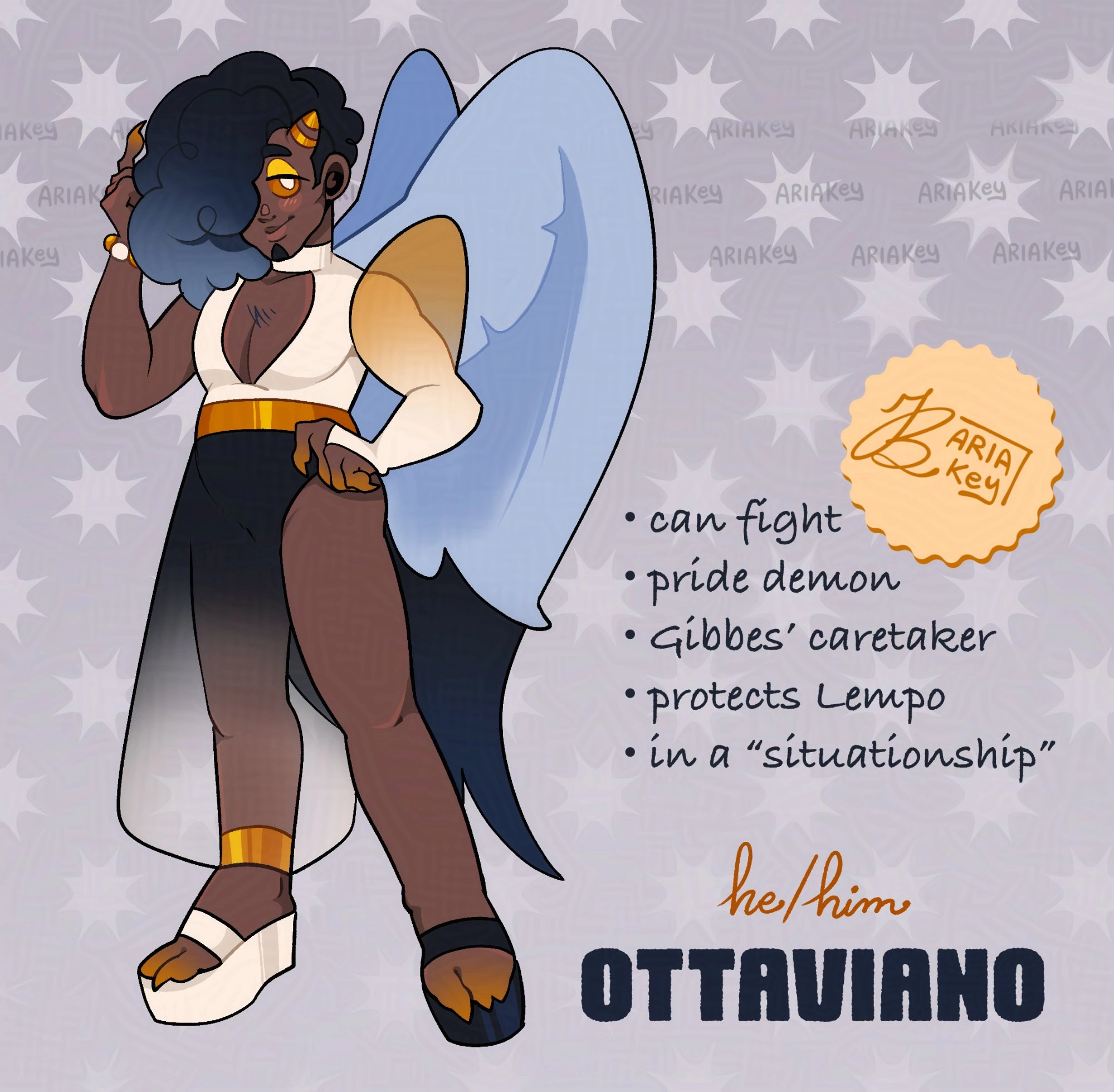 OTTAVIANO (Ottavio or Otta for short)

He's a demon that's not much shown in my comic Obnubilar (read it on my carrd) but he's like Gibbes' caretaker. Stuck in hell with all the other demons of course. 

Secretly not so secretly paired up with Lempo ;) but they won't admit it. 

Enjoy! 