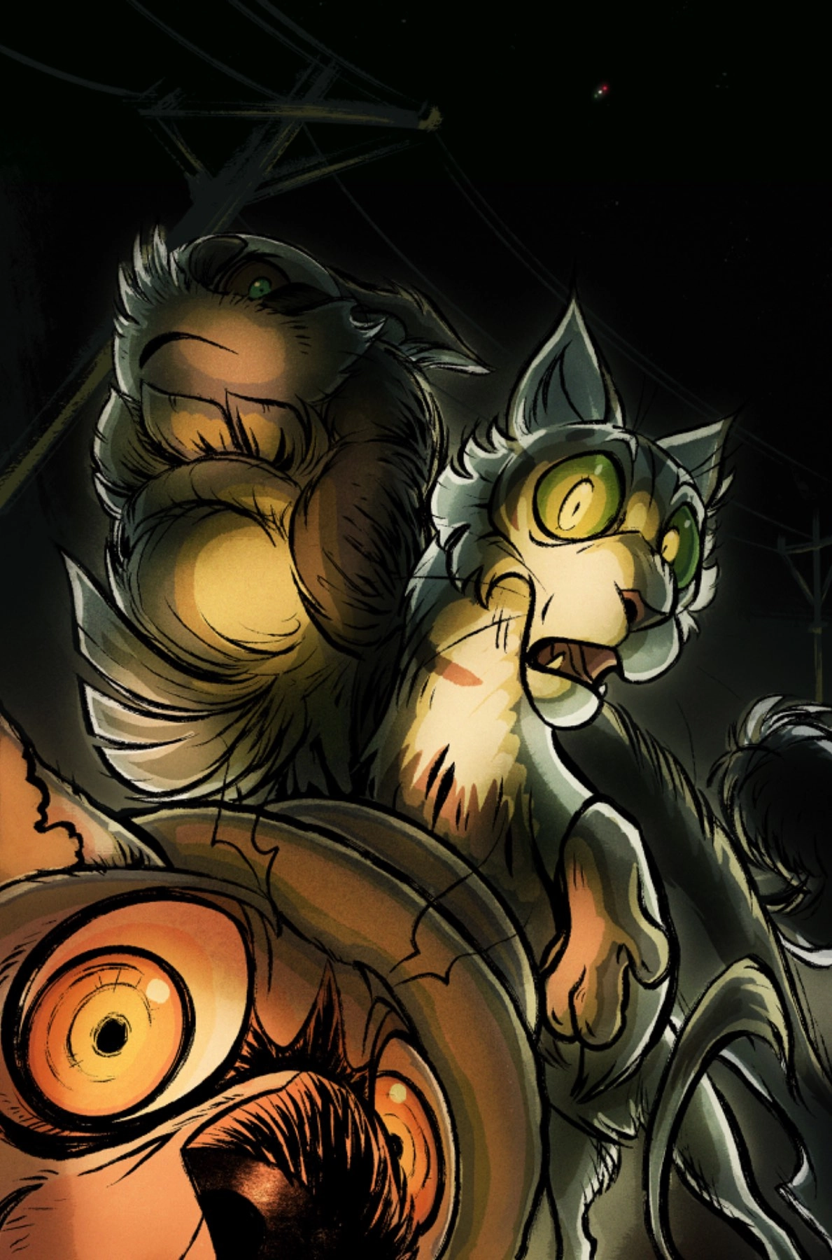 One of my most recent works, depicting my main character trio - bottom to top it’s Quince, Ebee, and Muzzless. 