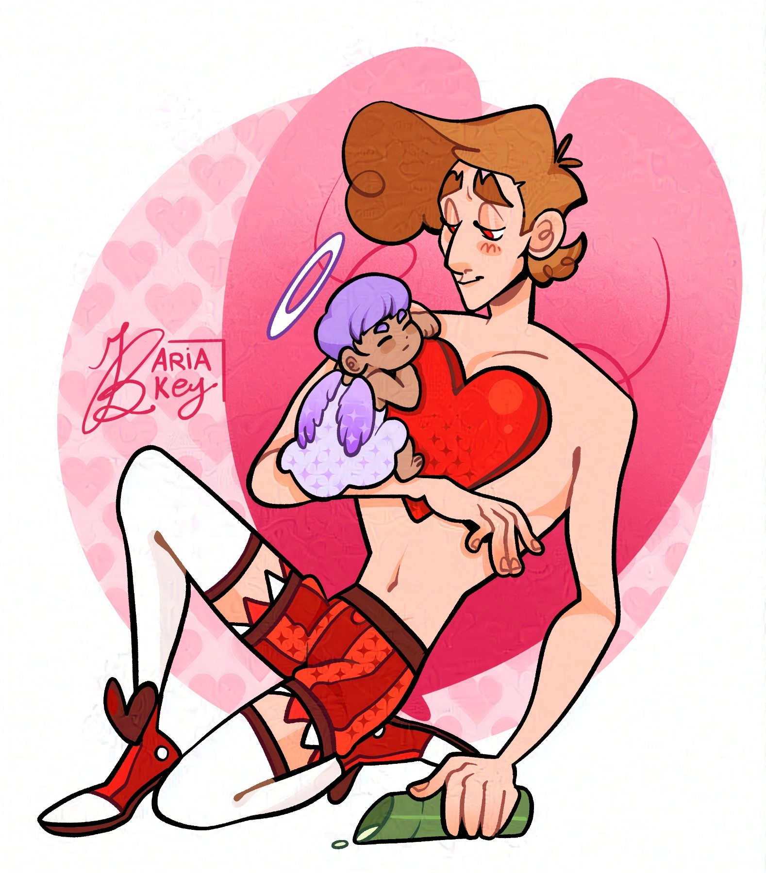 Cupido with his kid Mirto, this is just a wholesome piece! <3 

Characters from Obnubilar my webcomic linked in my Linktree (or on patreon) 

- Ariakey