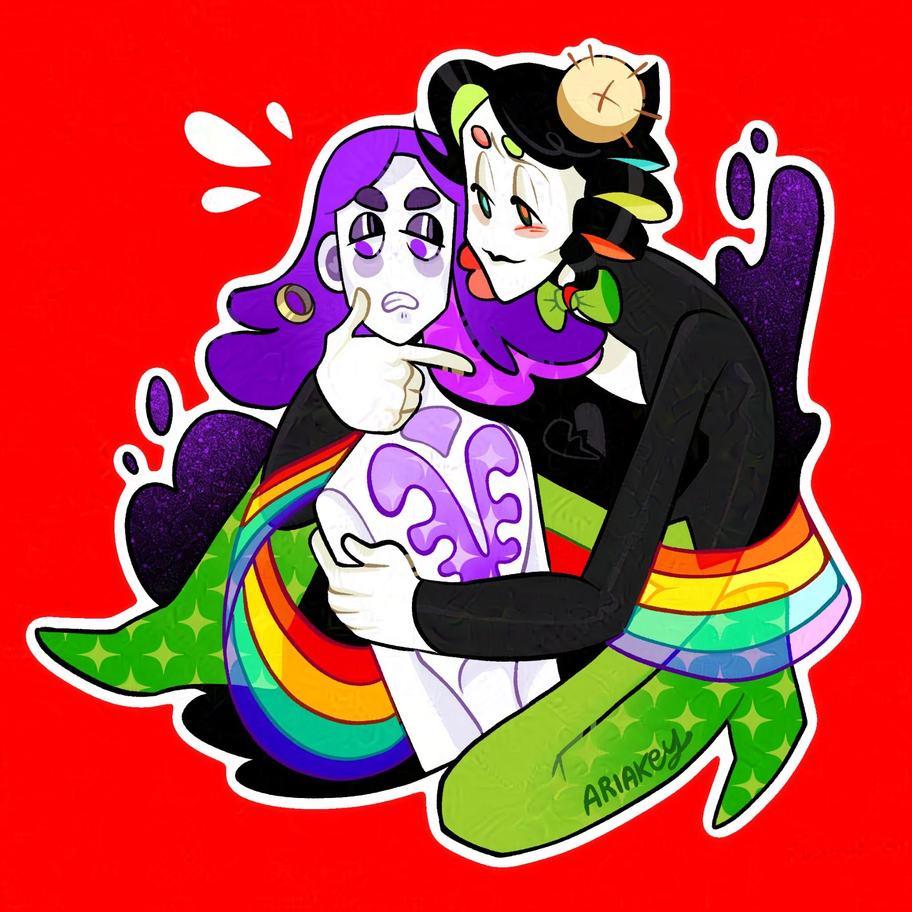Glonan (left) and Arcoiris (right) 

One is a ghost the other is a fairy and feasts on rainbows. 
This fairy's job is to make the ghost get over his failed marriage. Easier said than done!

Enjoy! 

- Ariakey 