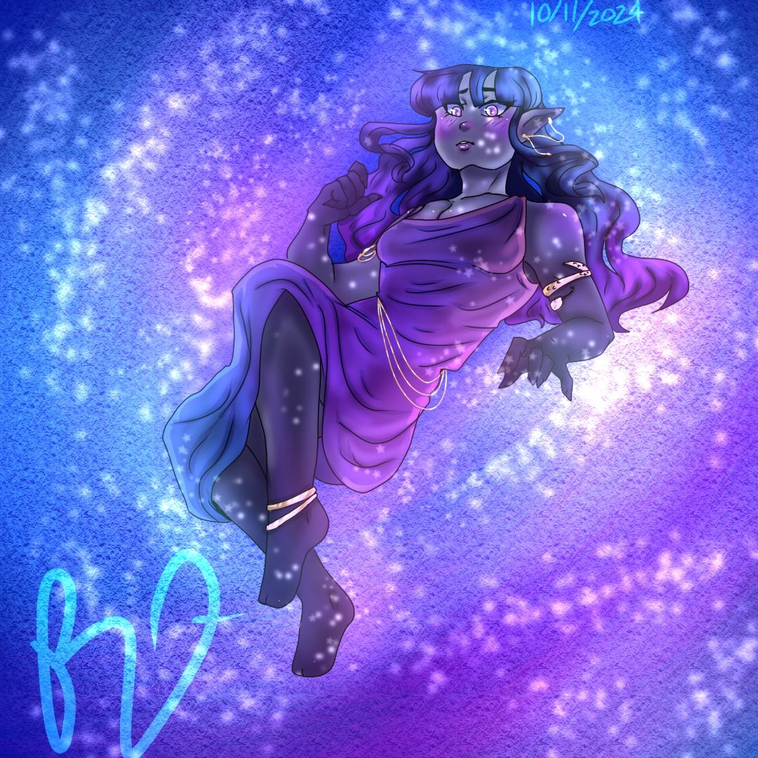 Destera Darkseide, my manifestation of my shadow that has been with me since I was about seven. She is an original character who went through a major overhaul. She is a night elf, abandoned in the dark forest, who ended up trapped in limbo, needing to escape with her new found family back to the overworld.