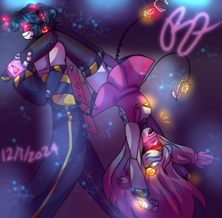 @candyasbestos’s Nox (from twt & BlueSky), and my dronesona Rozy2.💖