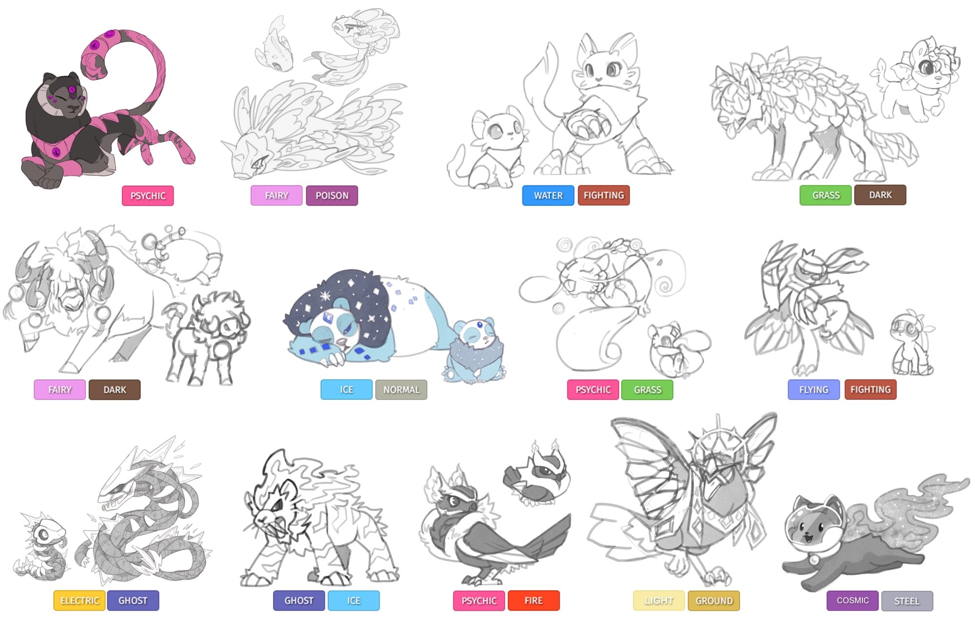 Did a project to heal my soul

Randomized the Types, and asked friends for a creature to design around. and the, started this Bokedex of the *redacted* region of Bokemon

I love these lil' guys