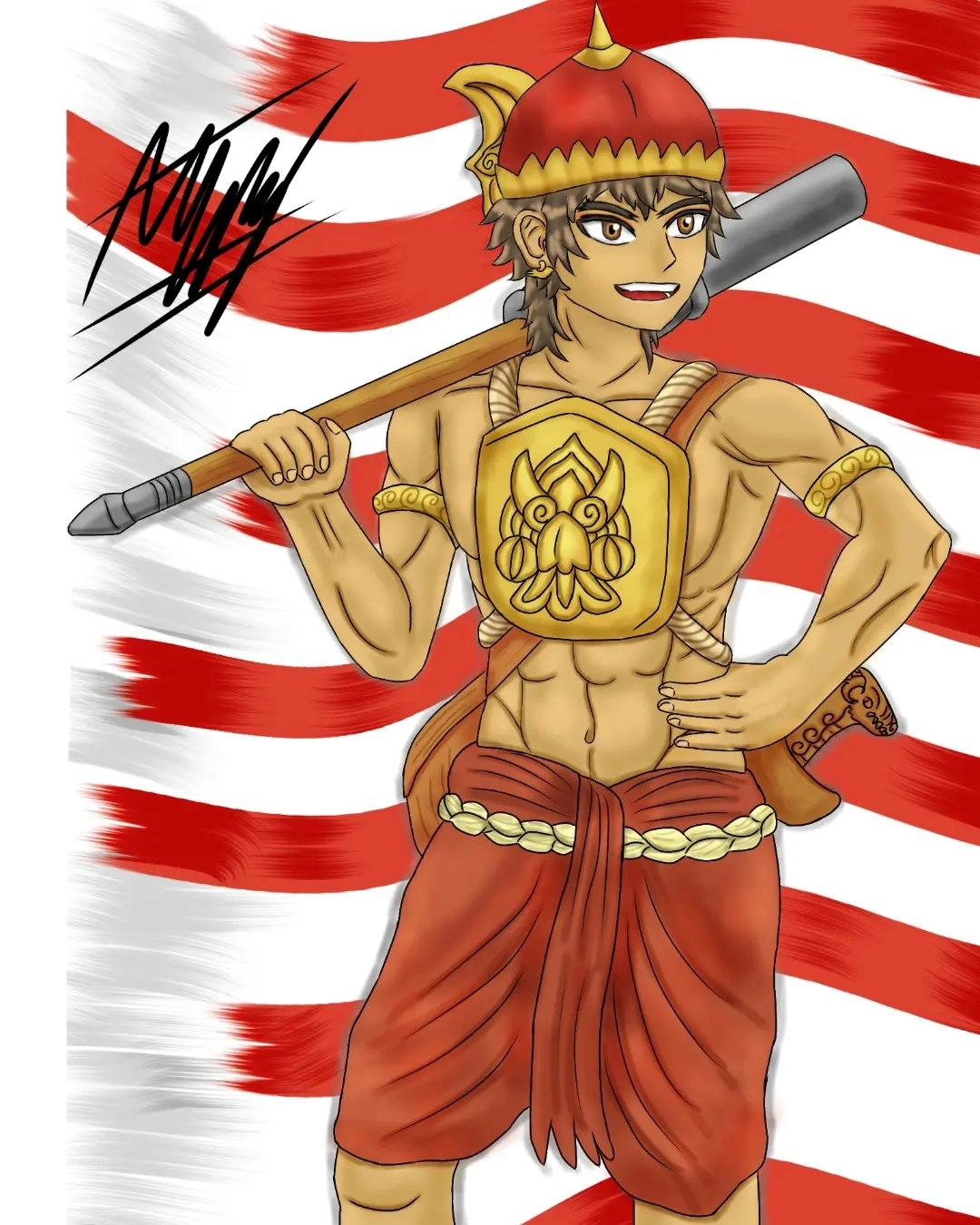Bhayangkara with lance gun/Tombak bedil
Bhayangkara was an elite troop during the Majapahit kingdom which was formed in 1293 as an elite royal security force. The Bhayangkara troops had a great influence on the Kingdom, because they always took part in the invasion, guarded the safety of the King's and the royal family's personal bodyguards, maintained the security and order of the people as well as upholding royal law so that there would be no disturbance to the King's power.