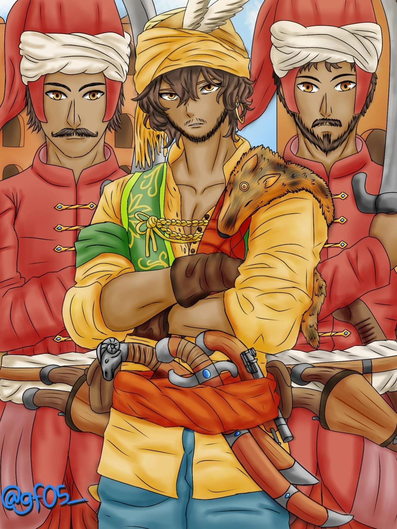 Barbary pirate captain and his bodyguard.

Barbary pirates or also known as Ottoman pirates, were pirates from North Africa who were active until the early and mid-19th century.