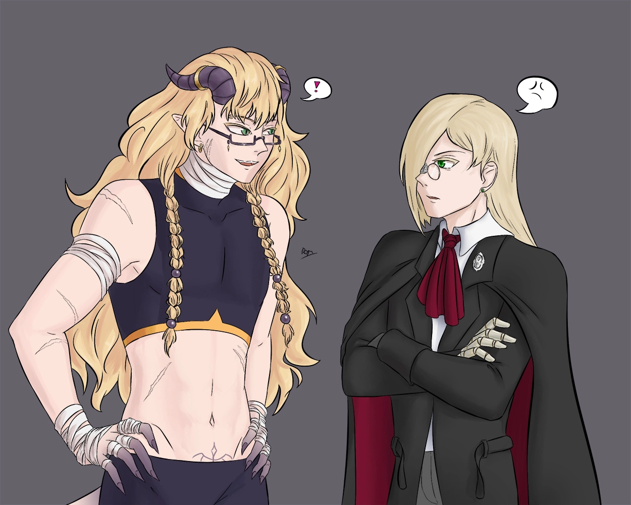 Lars N. Carter on the left and Lucius R. Carter on the right. They are brothers, even though they don't look like ones. Tiefling genes run in the family and only Lars inherited them. He's an adventurer warlock, while the brother is an academic mage. Lucius wears a prosthetic right arm and illusion pince-nez to mask the scars as his upper right side was horribly disfigured in a magical accident that killed many and left one of his students mute as well.