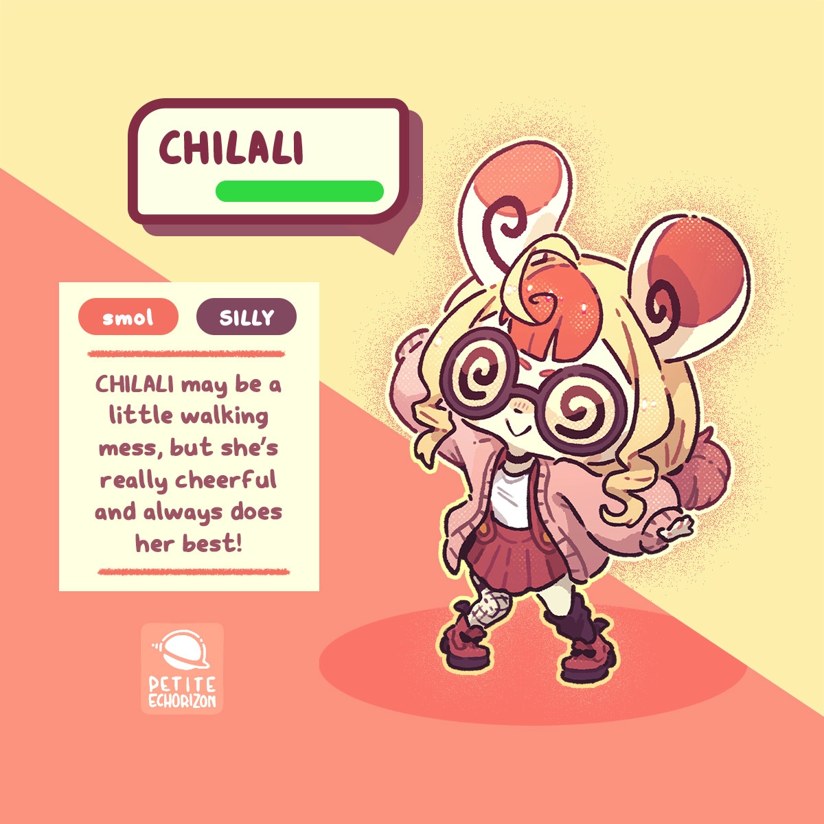 Meet my Poké-sona, Chilali! (read: key-lah-lee)
She’s is insanely unorganized and also clumsy… she lives in a constant state of anxiety, but she’s able to mask it under her thick glasses! Chilali does things in her Own Tempo (heh~), but she does manage to reach her own little goals~