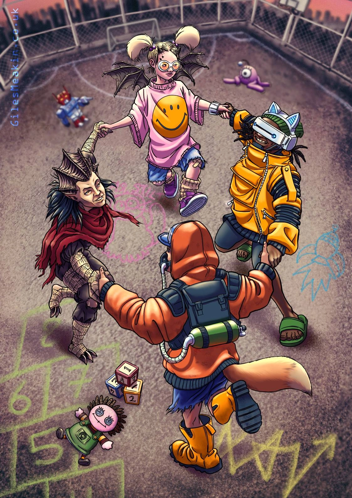 21-The World

The final card in the #sinergy #cyberpunk #tarotcard set, depicting the local  mutant kids of Nova Roma playing on a rooftop rec area.