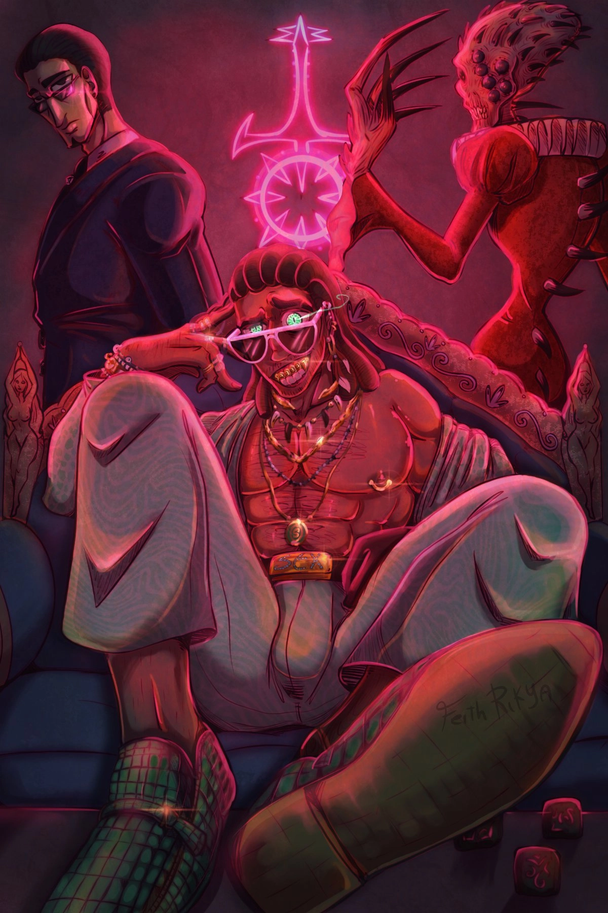 All these characters are from an RPG campaign called; Gehenna's Gates, set in the world of Vampire The Masquerade

Samuel Sharabi: Sabbatical Archbishop based in Tel Aviv belonging to the Ravnos anti-tribe clan, a crazy, sardonic and lazy person, always ready to deceive others and take advantage of others. It was he who was robbed by Ranya of the dice and to a closer eye even a limb or two. It is not known how this individual rose through the Sabbatical hierarchy, and in fact some Cainites suspe