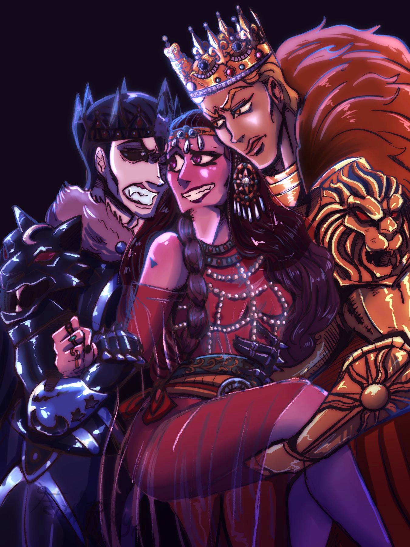 All these characters are from an RPG campaign called; Gehenna's Gates, set in the world of Vampire The Masquerade. Feel free to ask any questions!

I reimagined the trio in a medieval fantasy version just beacuse why not.

Danya Vetranov & anselm Godwyn & Rudolf the Vile/Danseldolf:

Unfortunately, this is not a canon ship, although it would solve many of the problems within the game. It would be dishonest to deny that Danya ever thought about it. It's a bit of a complicated situation and she's 