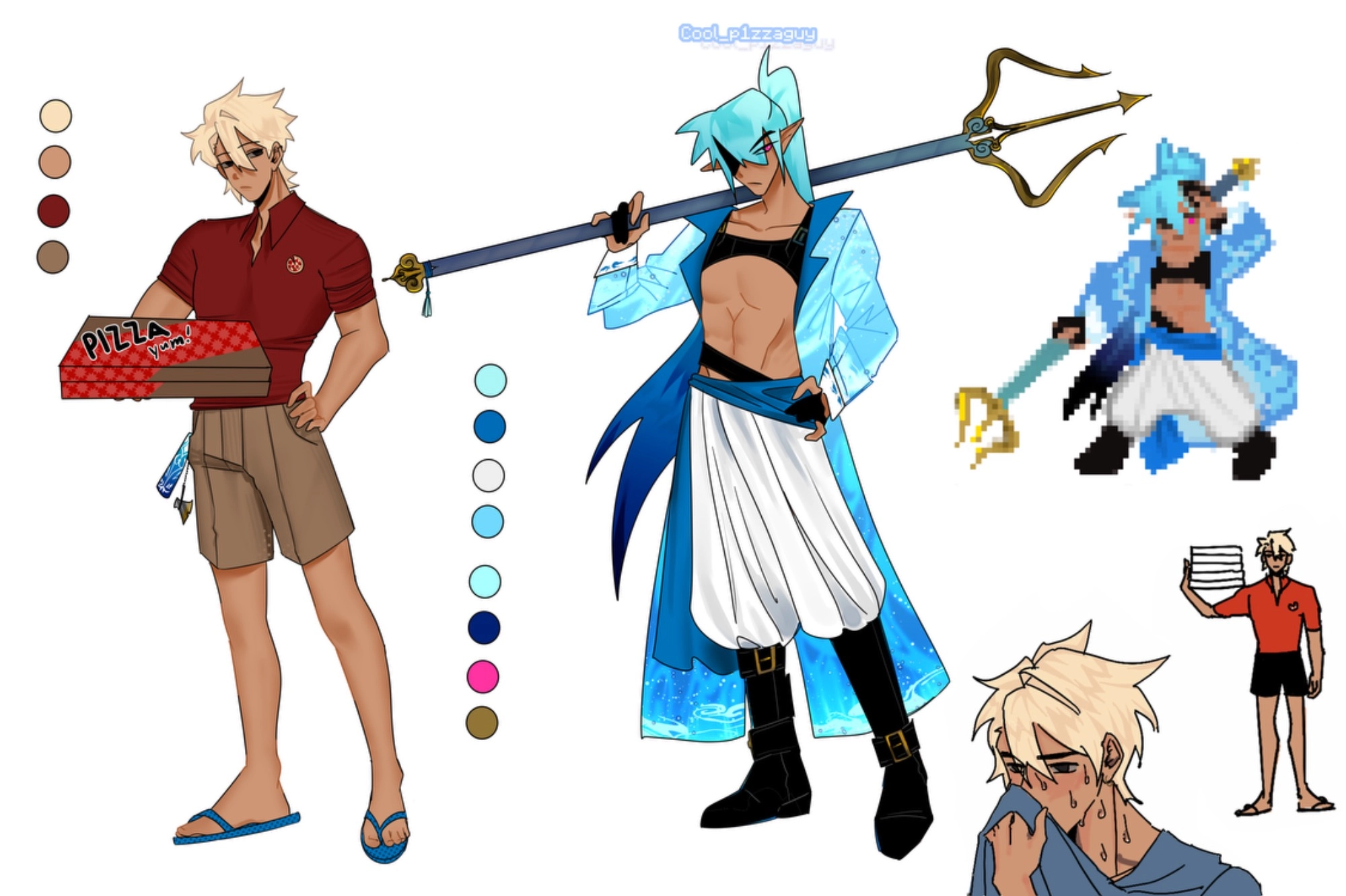 My oc Noel and his video game character! He’s a pizza delivery guy and an idiot