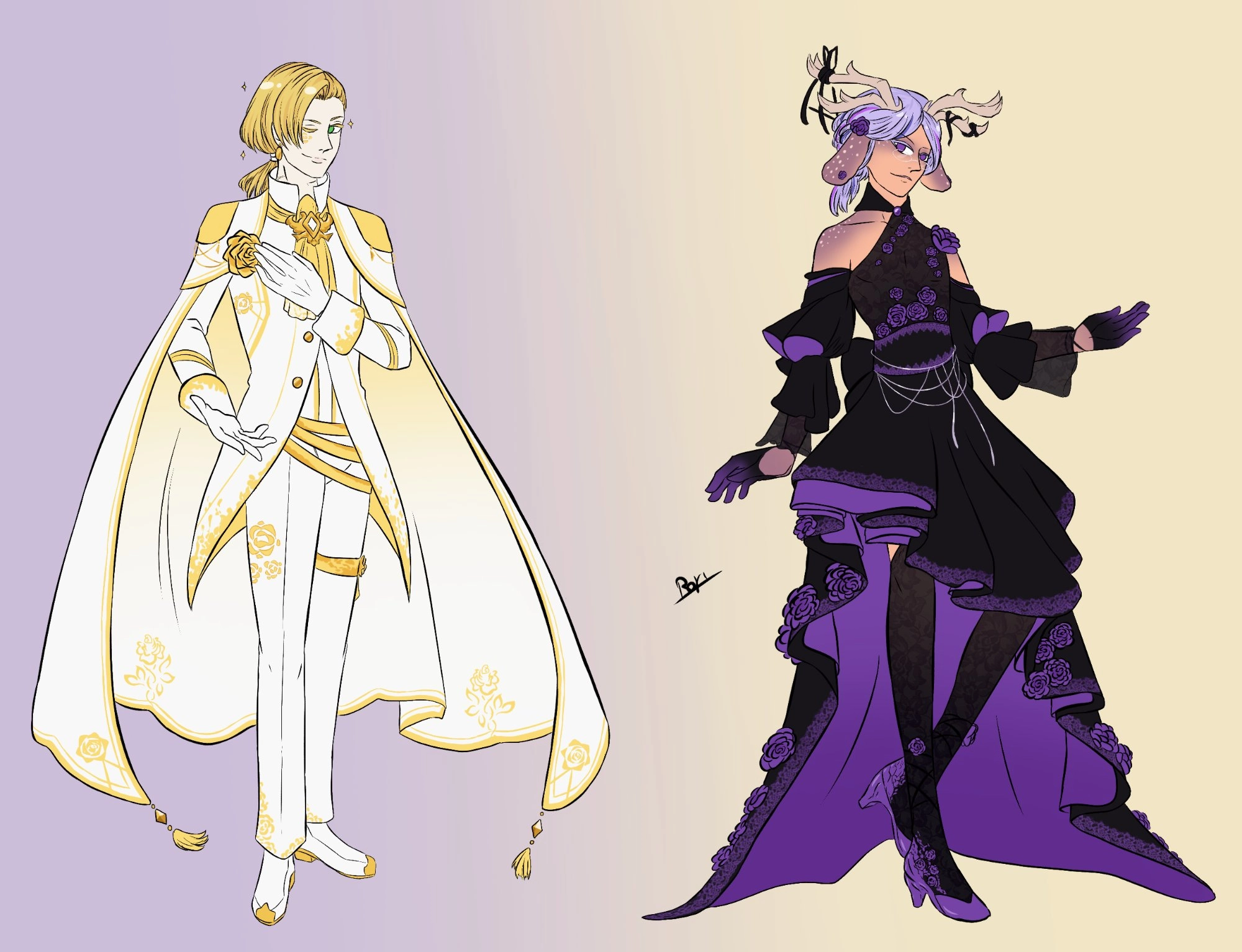 My character Arawn (right) and NPC Trago (left) with the two dresses they had to invent in one afternoon because another player roped all of us in a sort of fashion show. It was really fun to design them though!