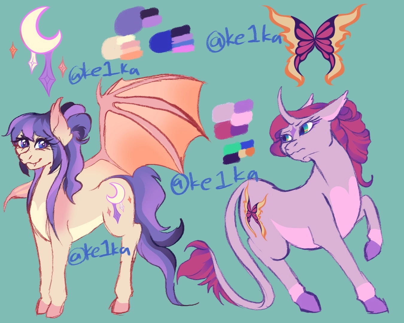 Here are my Rarishy Fusion/Children designs!  I wanted to lean into my AU's interpretations of Fluttershy and Rarity and decided to make these guys super magical and mutant like due to Fluttershy's weird magical genetics and soul after going through that bat spell