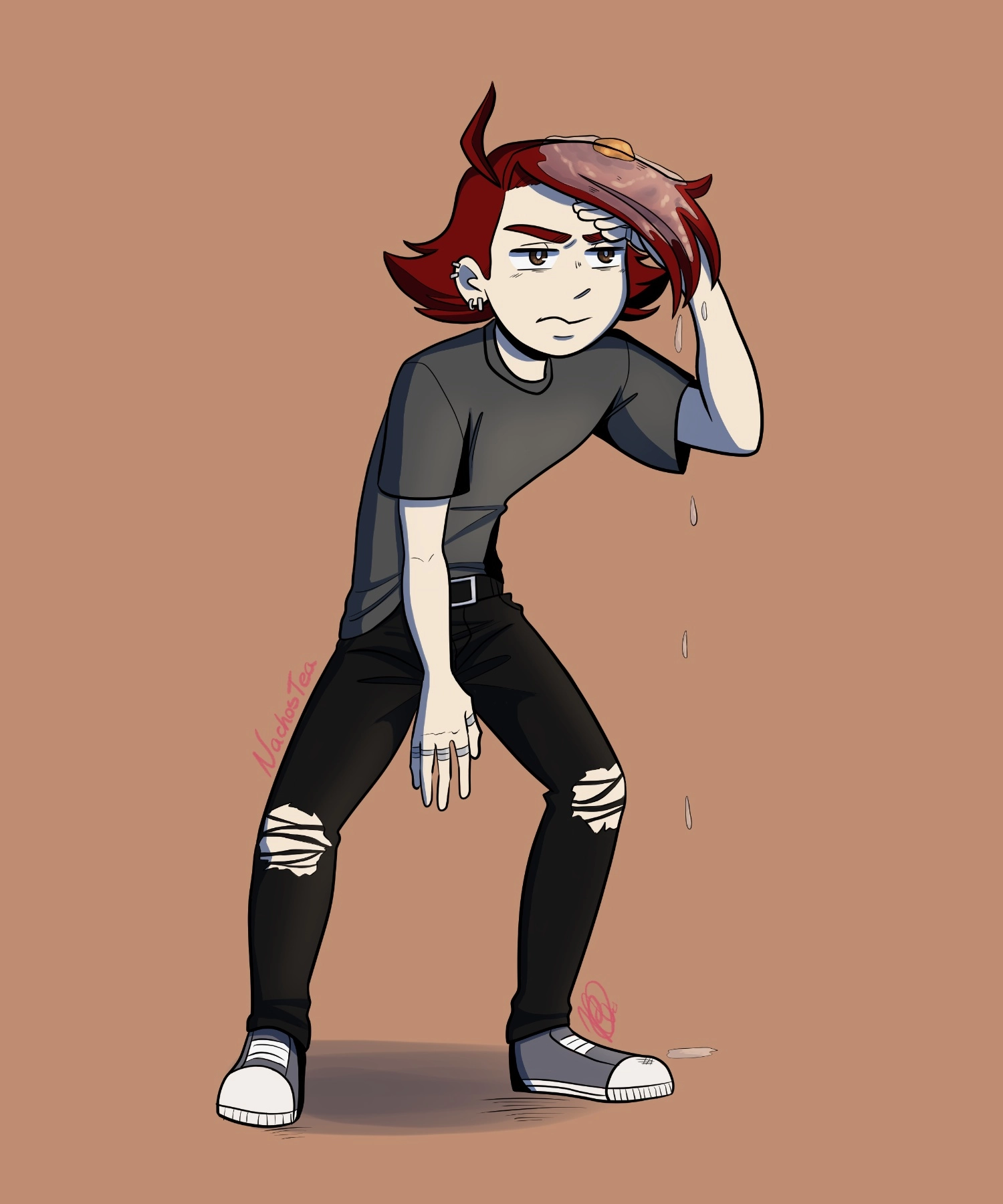 Ryan got egged 

This is one of the main characters from my upcoming webcomic "Prototype Heroes".
Emily probably took revenge for something stupid he did idk lmao