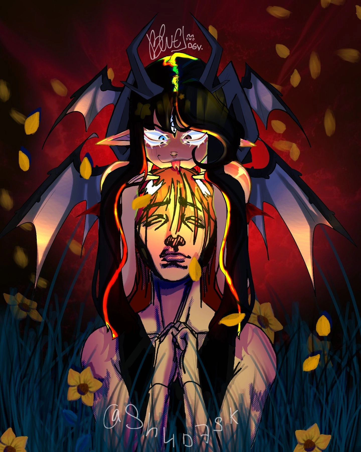A collab drawing with a friend ! I made the background and the character one top, she is an OC named Daira !