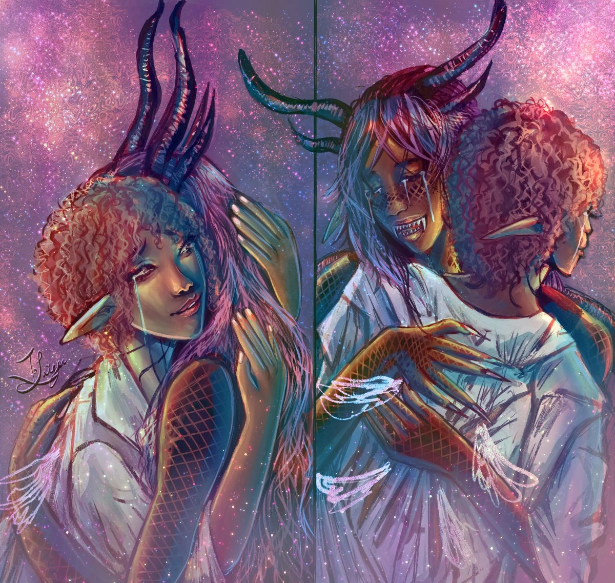 Some OC art. A mother and son reuniting after a tragic parting (son is the long hair one)