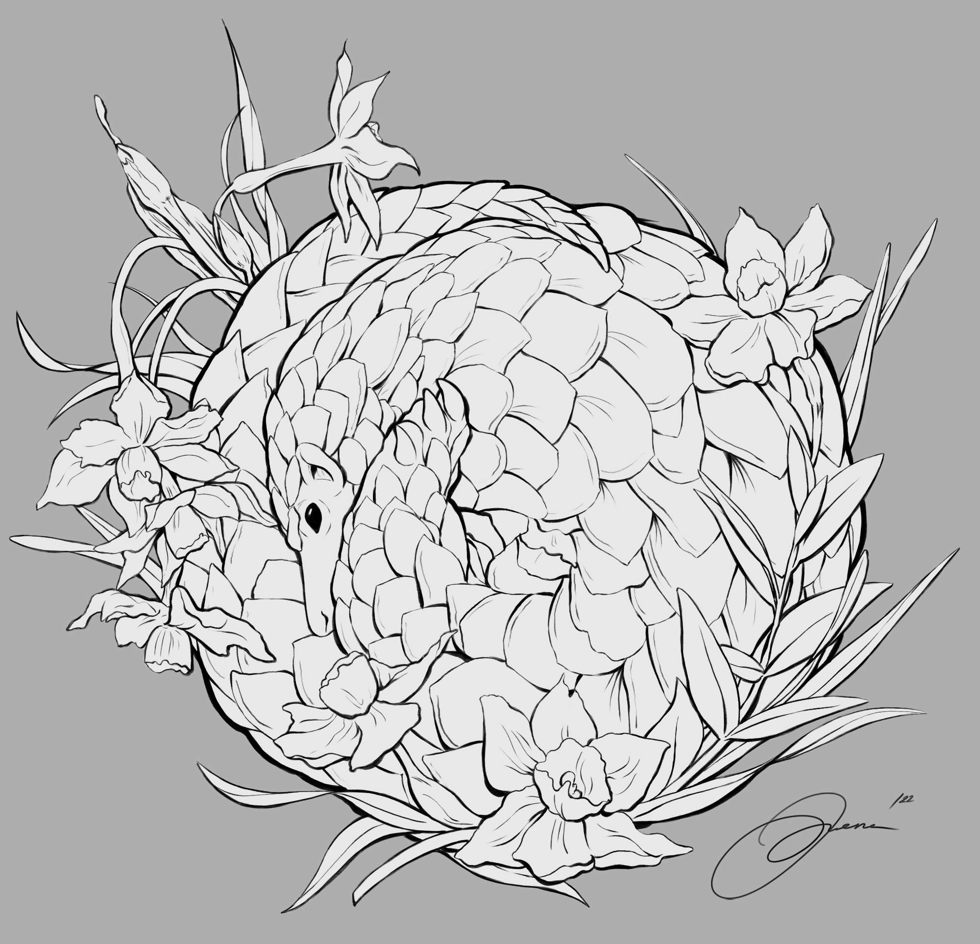 Pangolin and daffodils tattoo design commission for palace_lungs / Fangoose