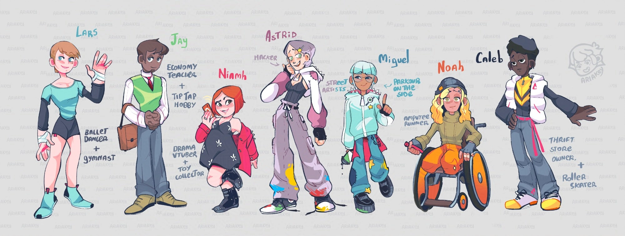 Smile Squad members in their casual clothes (OCs) from my story in the works: CoffeeKick 

I find them cool. (I did already post them in a full-page with their work fits as well but wanted to put them zoomed in) 

- Ariakey 