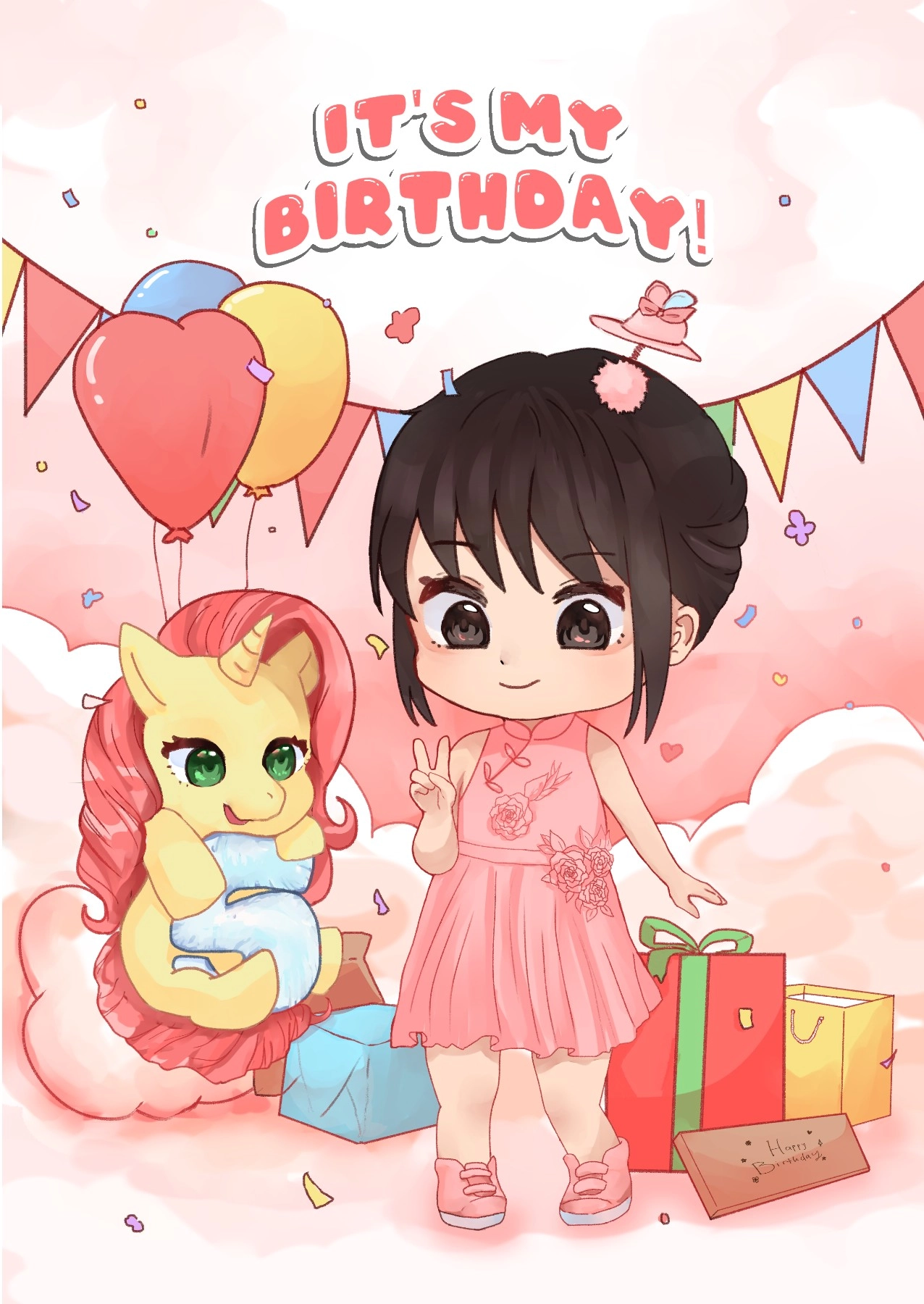 Birthday party card illustration in Chibi Anime style