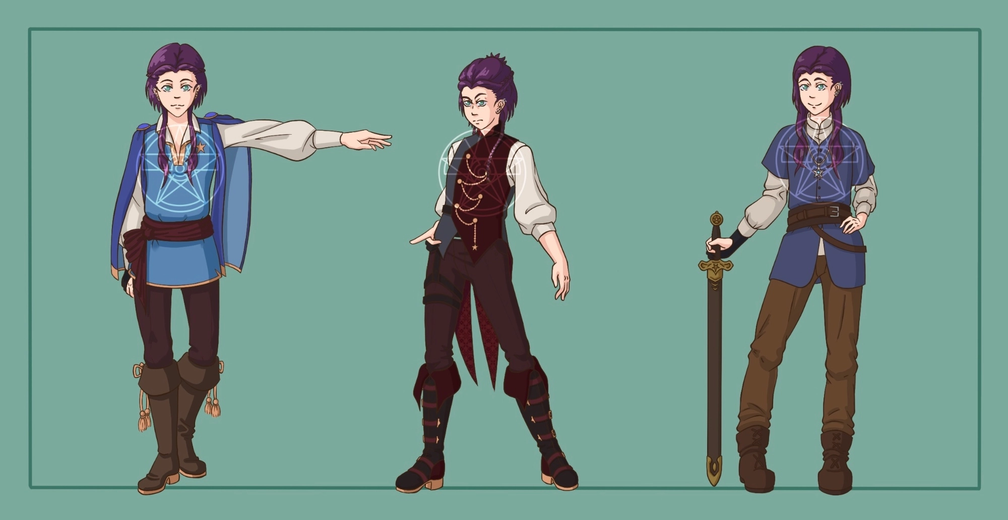 A line up of one of my OCs  and their possible outfits, if you like them Im also on artfight https://artfight.net/~Gamma_Radiation