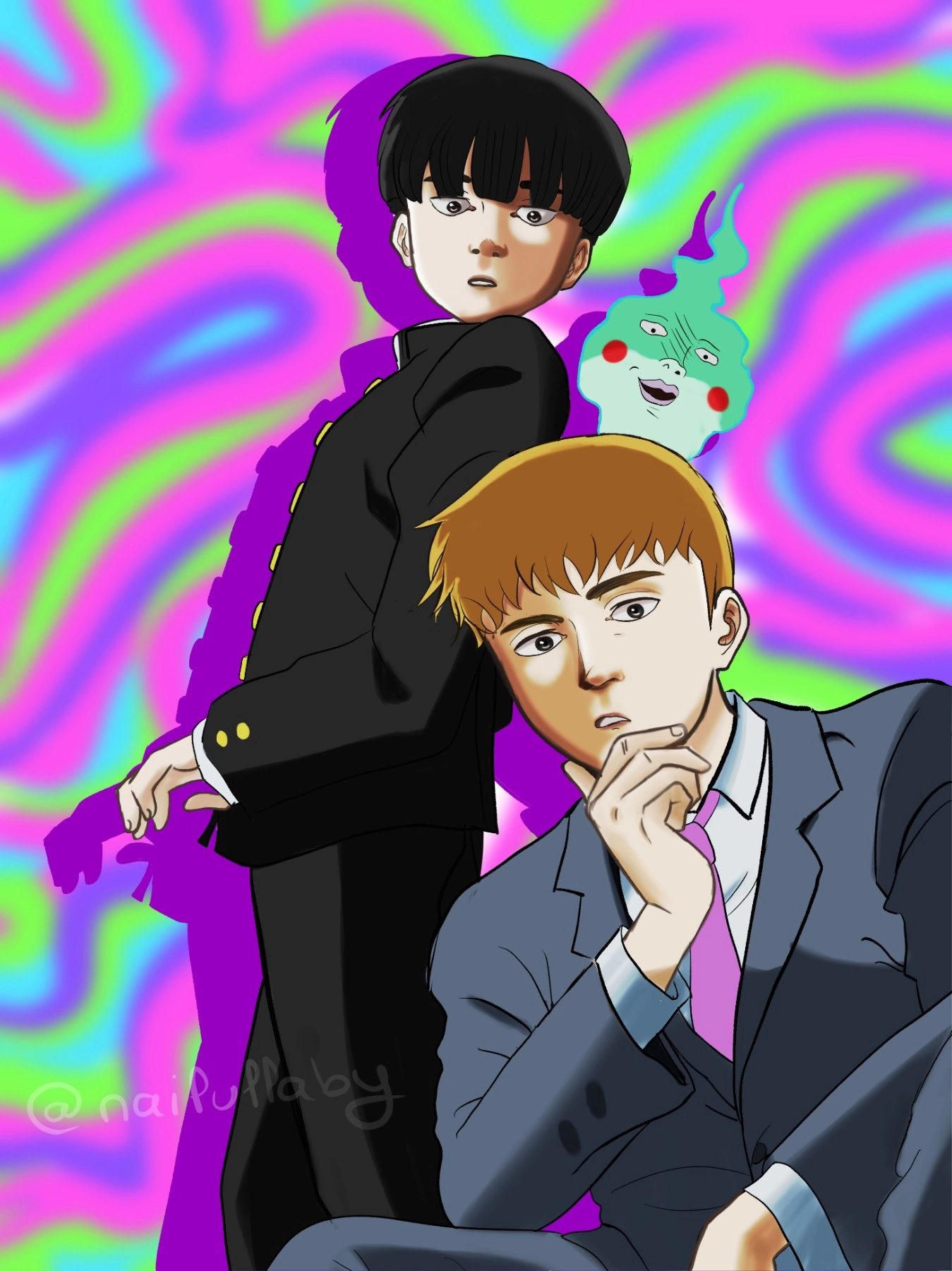 💜 I recently finished Mob Psycho 100, so I felt like drawing the two main characters (and Dimple!) — I absolutely loved both the story and its characters.

I think this piece captures a bit of the series’ psychedelic vibe... 🌈🌀