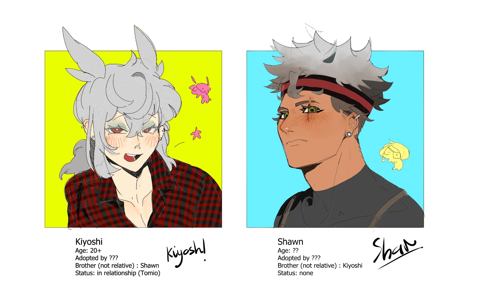 My Ocs picture profiles 

I have been drawing them recently. It's still doodles though, i didn't go any further than that. I will update more if i have the time to draw ^^ 

(Consider this will be my sample for Headshot Commission)