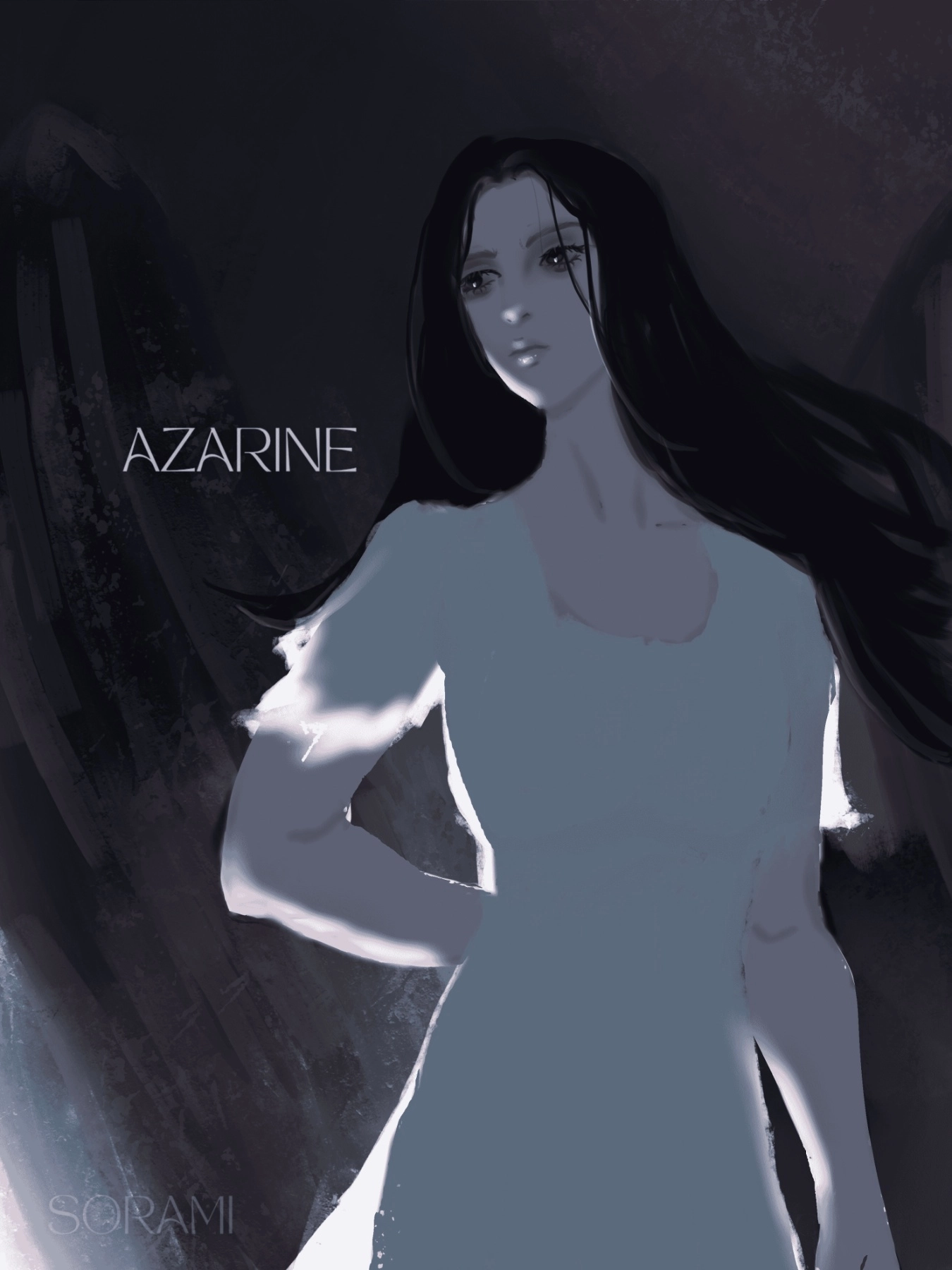 New art of my OC Azarine. Azarine was once a seraphim like Sera, but she witnessed the Church burn Caelia’s village and descended to intervene, breaking divine law. Just because she tried to help, she was cast out. Her wings weren't taken away but they were also burned from trying to help. (OC Sera's former companion and her other half/ex lol)