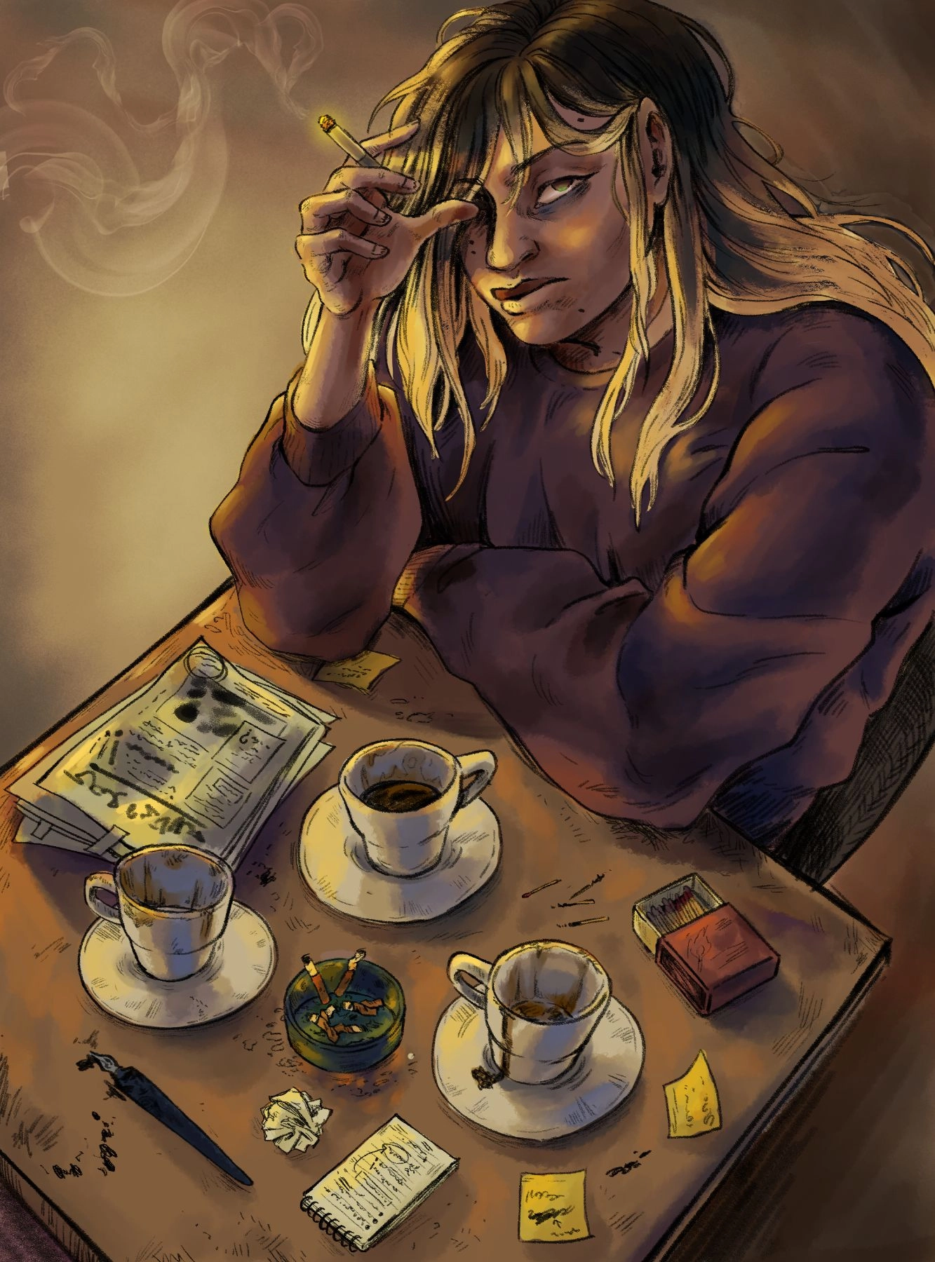 Illustrative character art. Halfbody with props elements. 