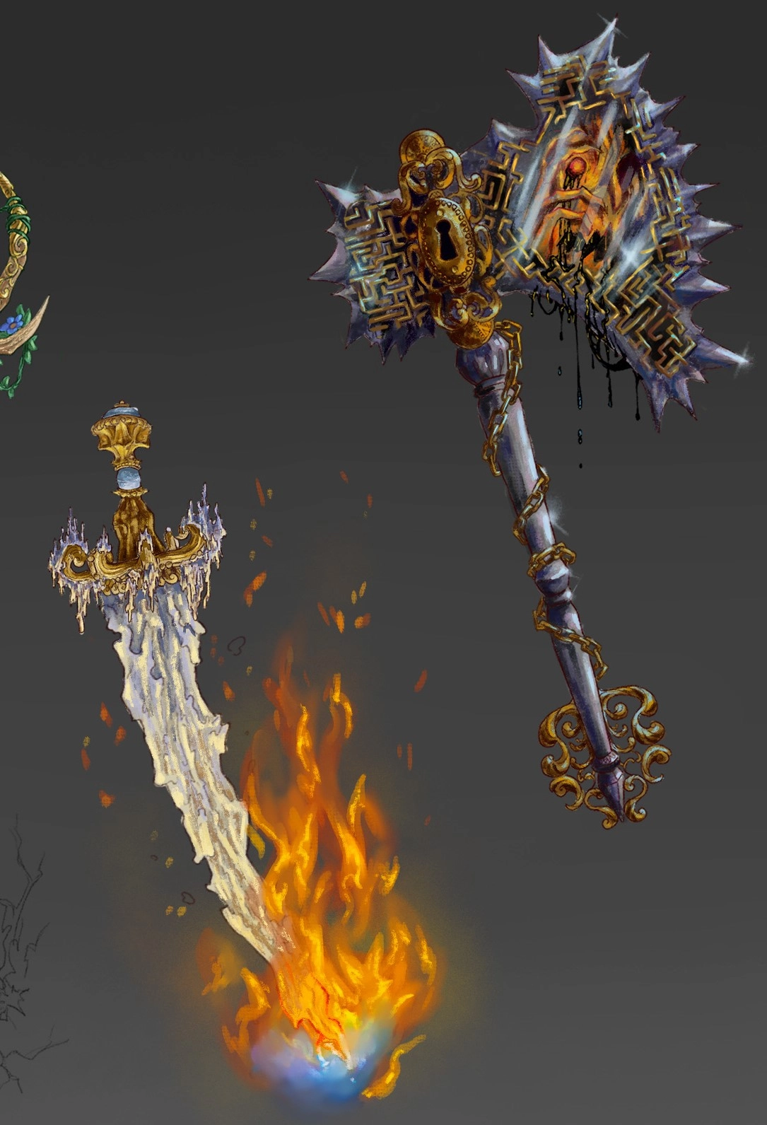 Weapons concept. Magical axe and sword. 