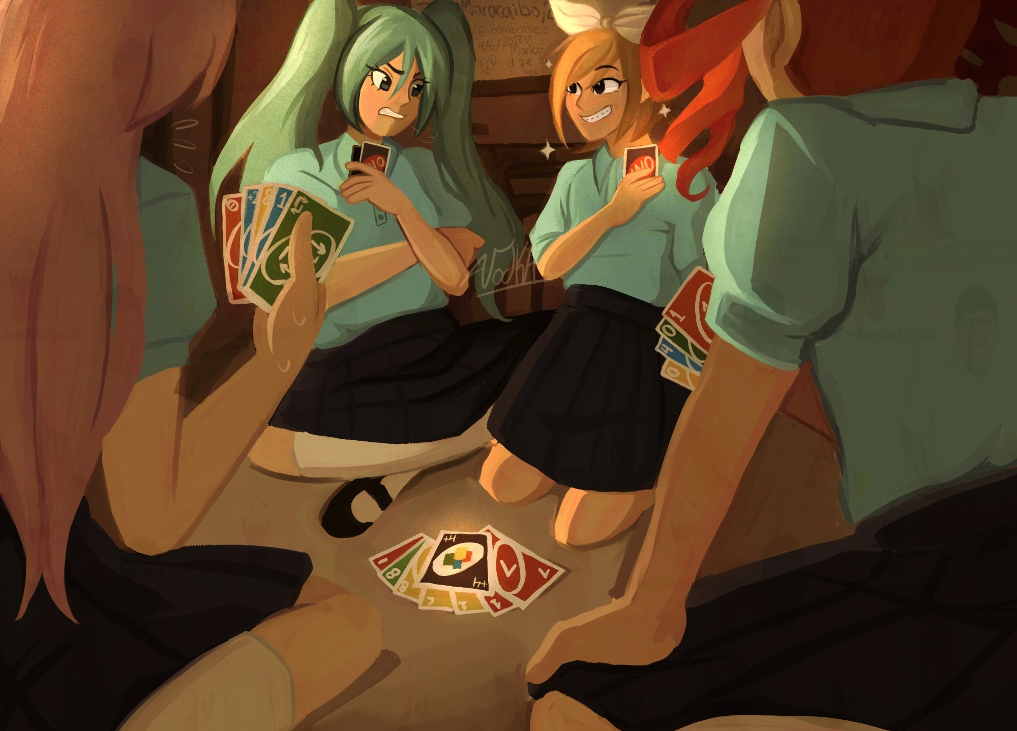 Miku, Rin, Teto and Luka if they were venezuelan girls, playing UNO during a power outage at school.