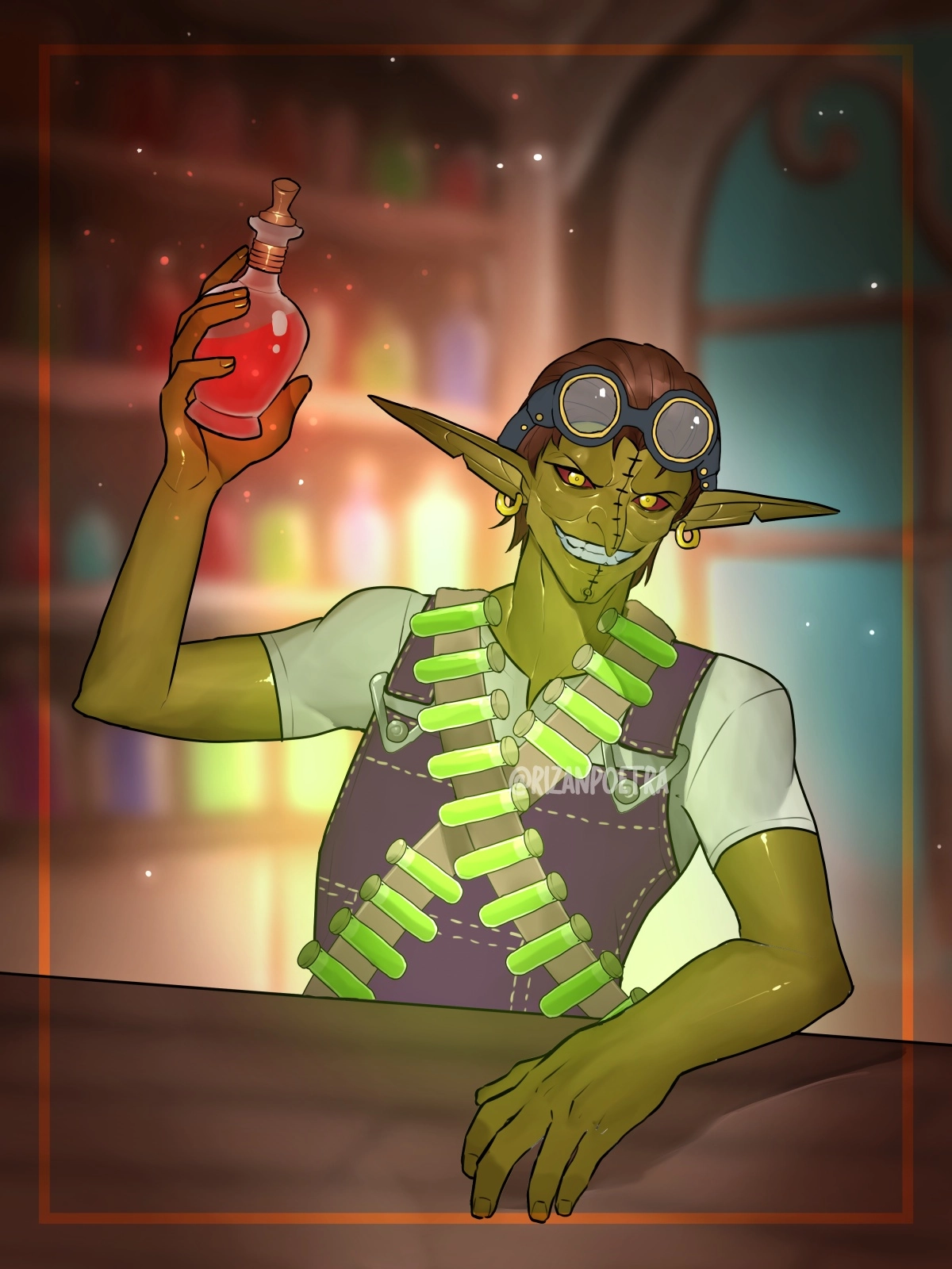 For a little backstory Boblin was goblin living in his tribe and when he was younger set traps to human, elf and dwarf a like, before running away and taking responsibilities, but one day he pranked the wrong group a bunch of drows found him and their leader cut him in half like a watermelon. he was dead but he was put together by a passing necromancer putting the dead goblin to use he put him together as best he could making his body hold thanks to the giant screws in his forehead. the necroman