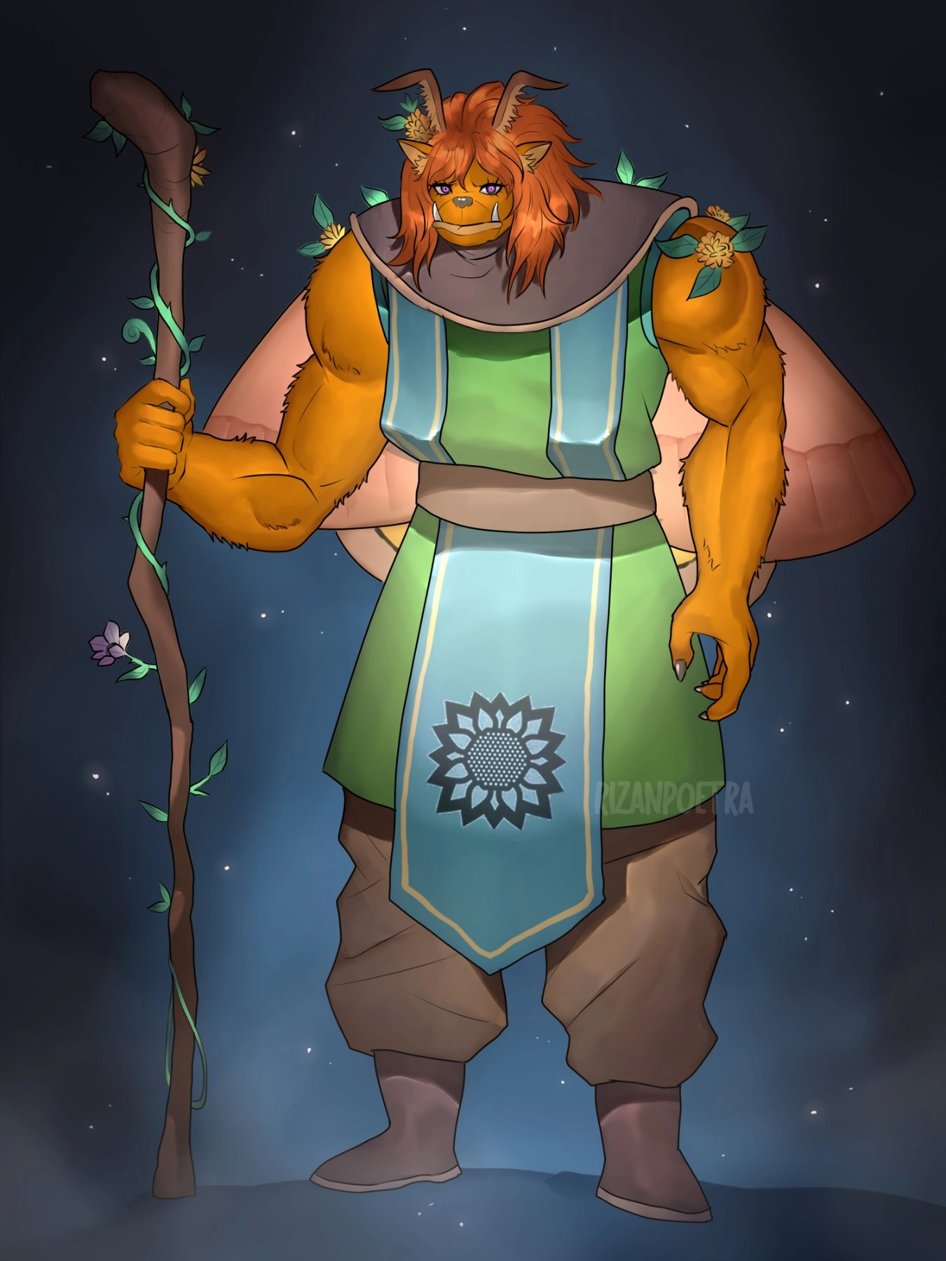 Blóm (Heilagrblómbhorgmægengēard) is the stoic but near wordlessly kind Bugbear adopted into the Sunflower Court, a haven for the lost and abused in the Feywilds.
As a child, she was saved by the Io moth fairy, Hero, and transformed into a fey. Now an adult, she's become a full member of the Sunflower Fairy Troupe, and tends to the Sunflower Fields' garden spaces, oversees burial rites, and is training in the Druidic arts under the Sunflower Fairies' Matron Elliauna.
She's the kind to fix things