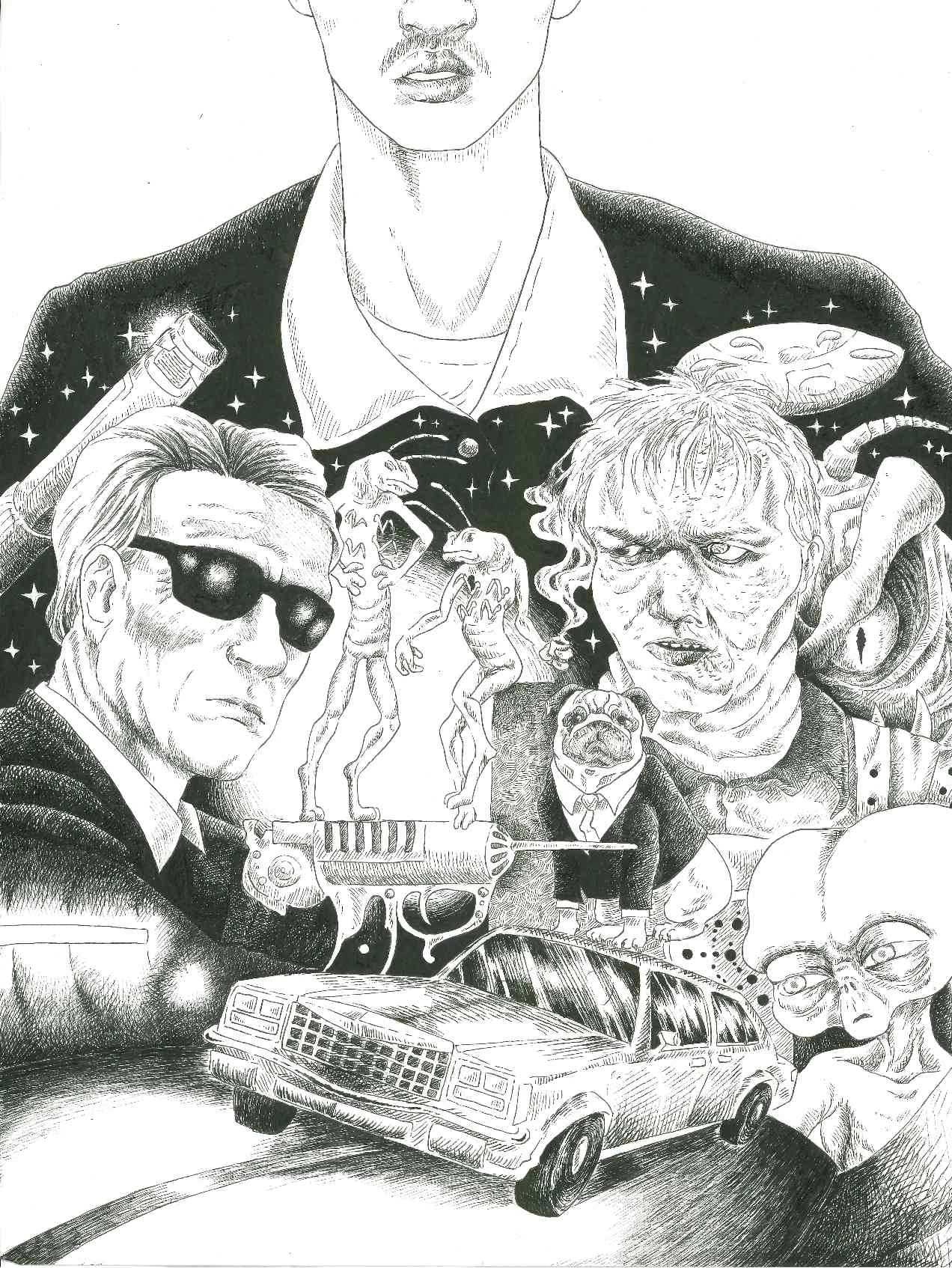 Movie poster for the movie Men In Black. 
It's black liner on papier, traditional not digital 
