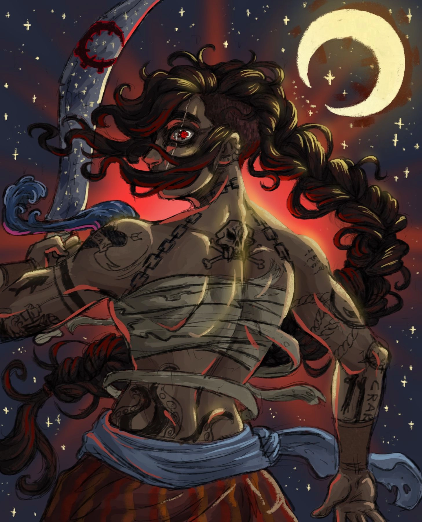 Halfbody of a character (with element inspired from the video game darkest dungeon) 