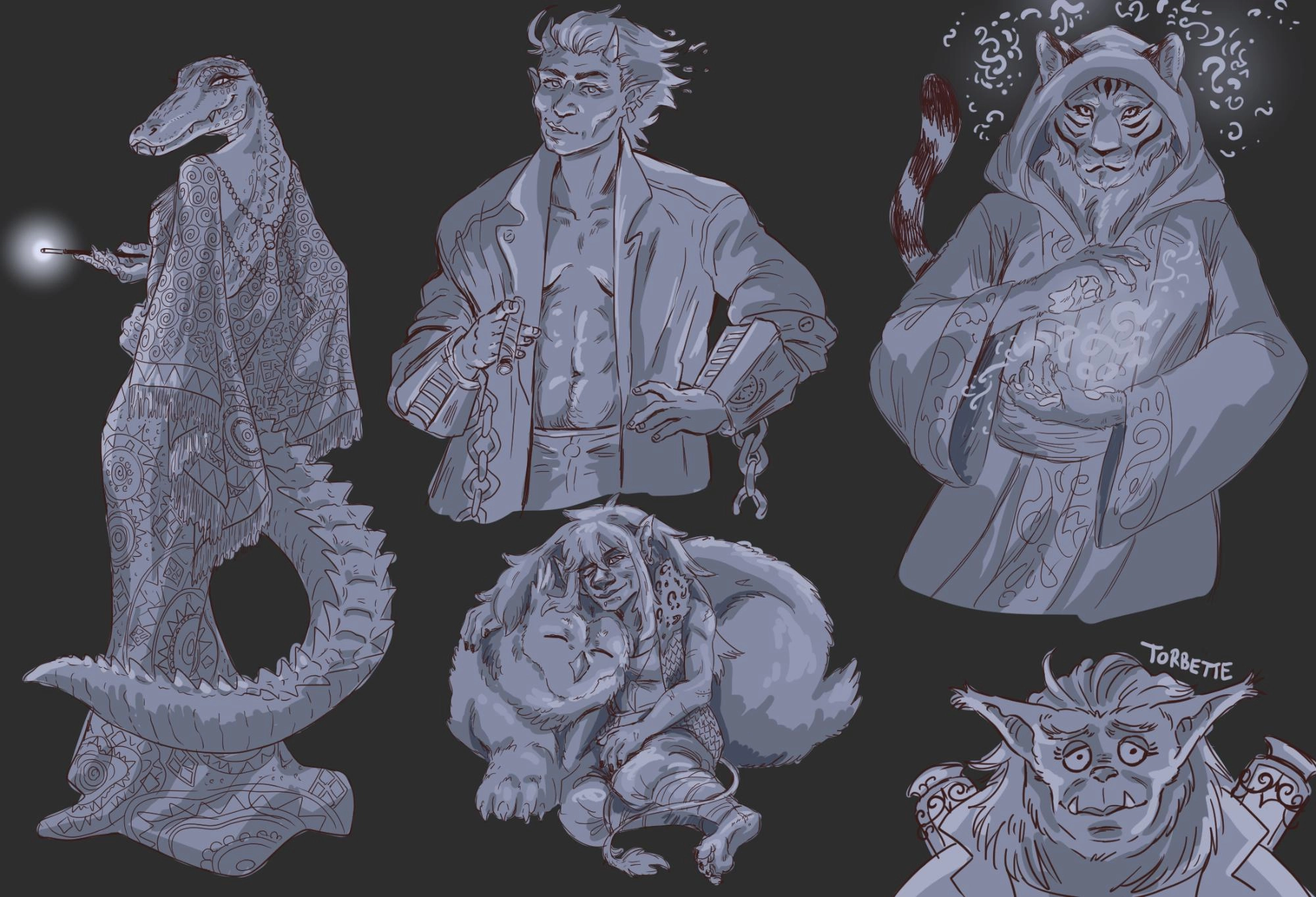 chara sheet of a few genderbent characters from the youtube channel Legend of Avantris with grey shading. 