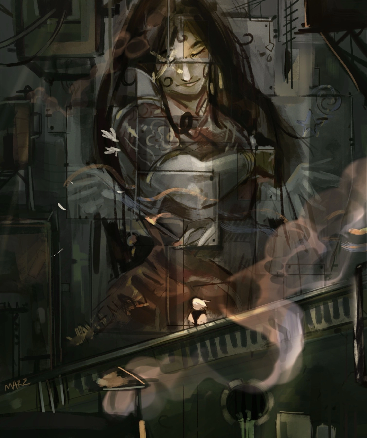 working on backgrounds and atmosphere- this piece was inspired by arcane and alphonse mucha’s posters! :) 