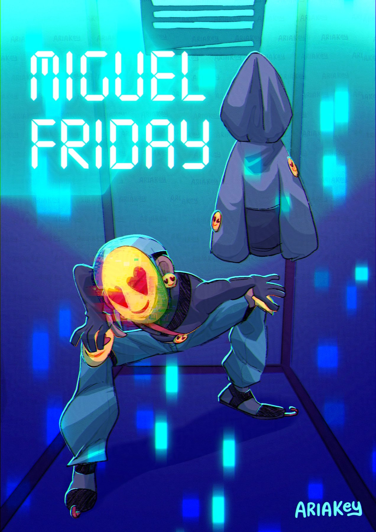 Friday - SMILE SQUAD
Friday (Miguel)
Role: Cameraman, secondary hacker
Appearance: Short, light blue hair, round glasses
Style: Loose sweatshirts stained with paint, mask with heart-eyes
Fun fact: Very talented street artist.

from my ocs story Coffeekick! 

-Ariakey