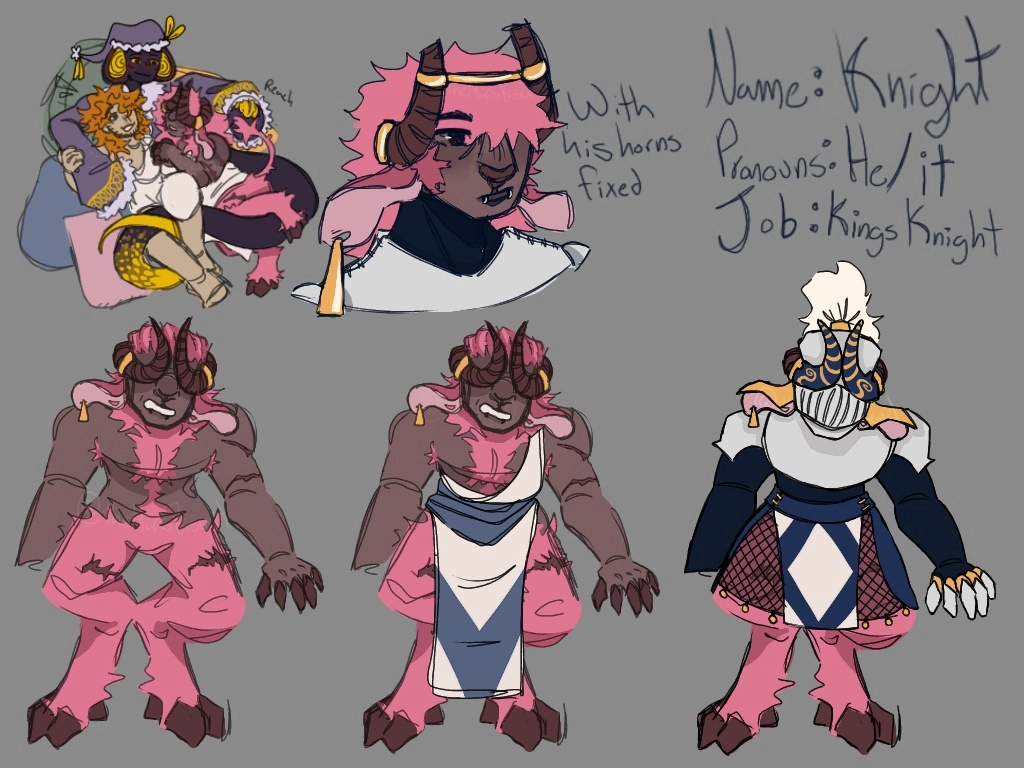 A reference page for my wonderful little knight oc who I have yet to actually name.. He's a minotaur and I actually had made him because of my two other artist friends making jester and king characters who are all in a relationship 😼! The top left corner has the jester and king ocs, the snake is the king and the redheaded man is the jester, he's very silly :3