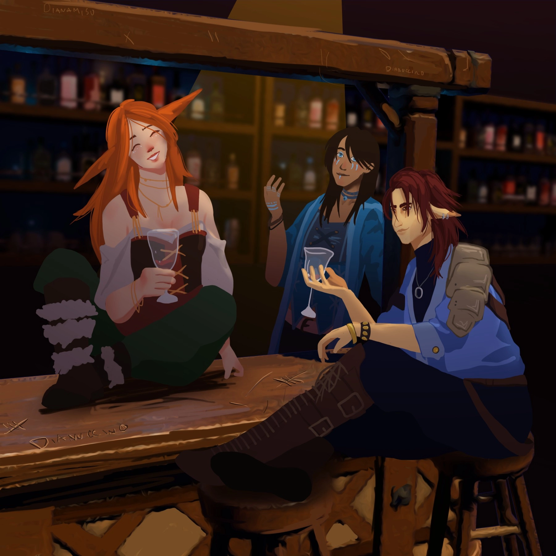 Characters belong to @trixinart on instagram
Lovely dnd characters meeting in a tavern after a hard adventure