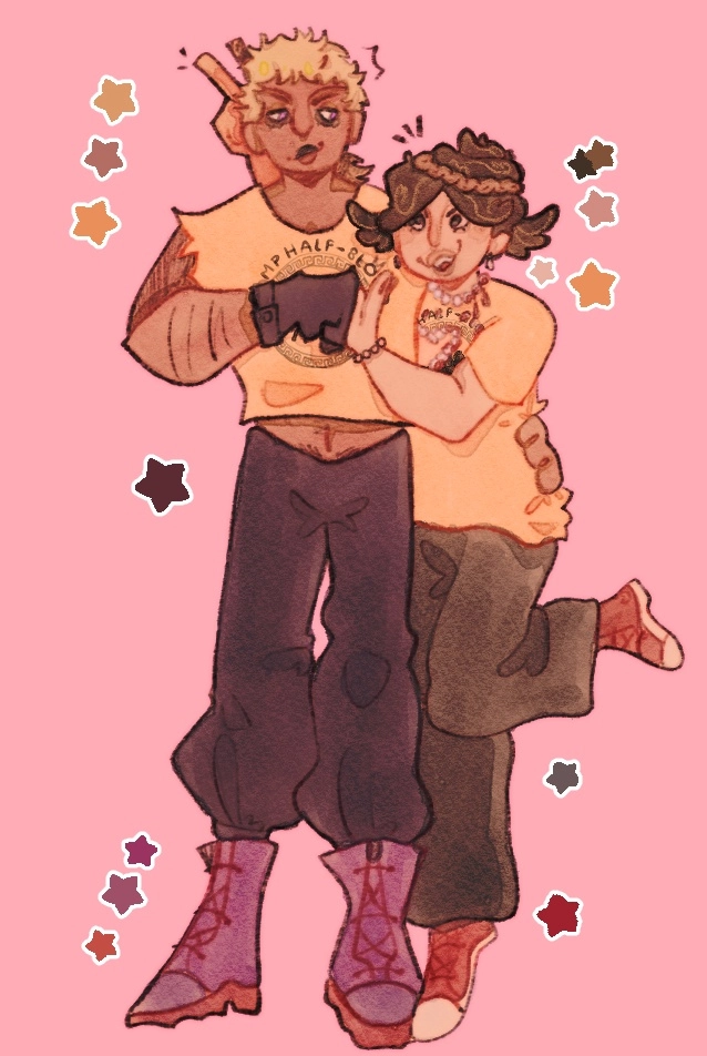 PJO ocs ! The blonde one is an Ares kid and inspired by Simon Riley and the other one is lowkey a self insert and a son of Aphrodite

I might make a full ref sheet out of this but for now this is what i got