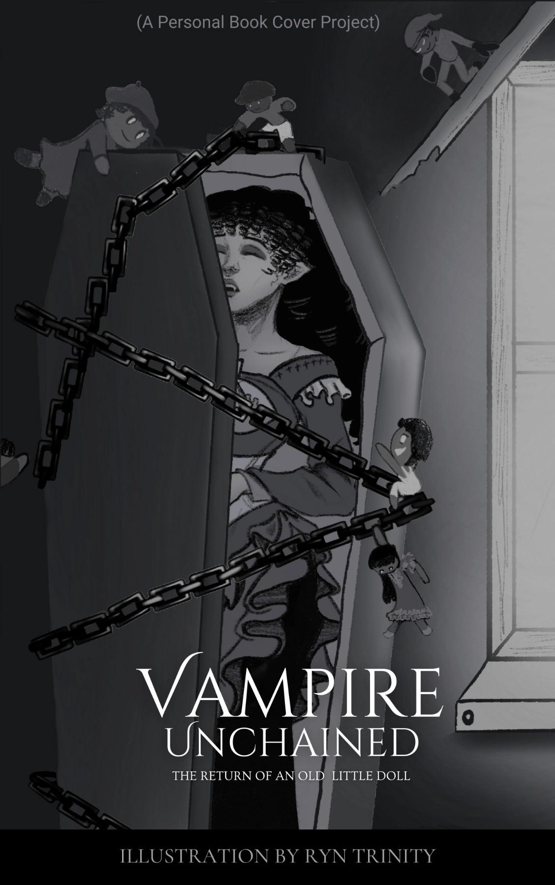 Do you like night creatures? Because I love them and depicting cute, gourgeous and fierce creatures is so satisfiying! This is a DOLL VAMPIRE! 

This is A little Book Cover Illustration I did for inktober. She controles other dolls and was stuck in her "Doll-Box" for a long time! 